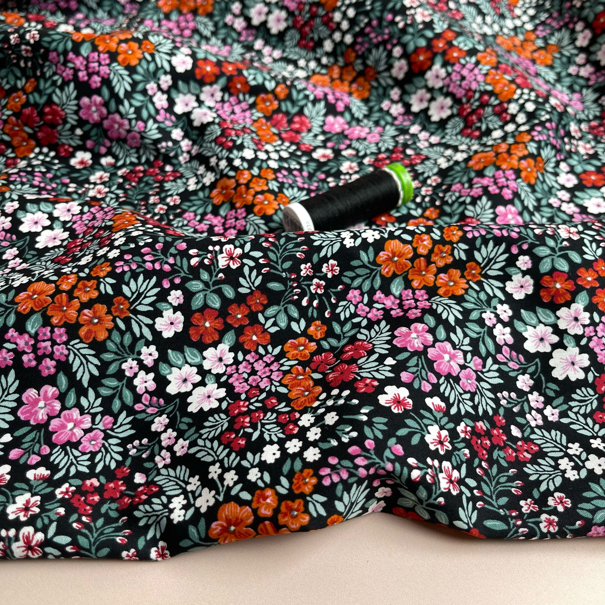Ditsy Meadow on Black Cotton Poplin
