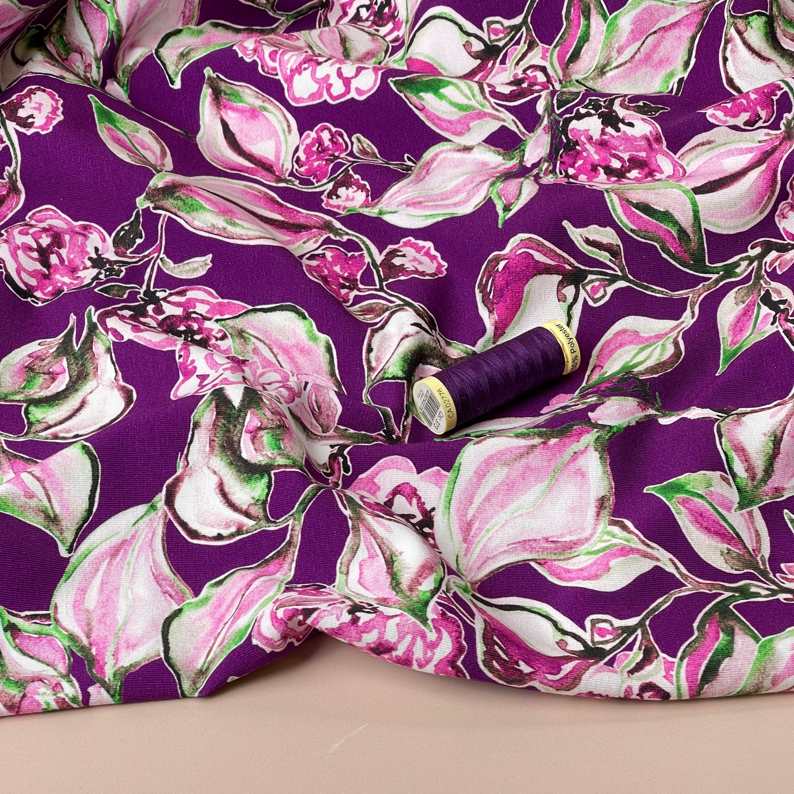 Danish Design - Painterly Flowers on Purple Cotton Jersey Fabric