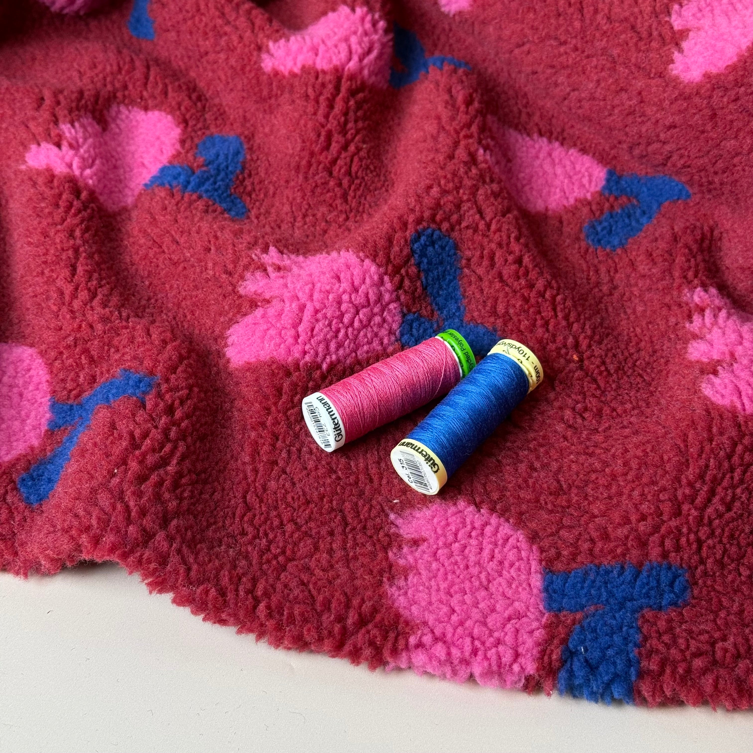 Poppies on Dark Red Teddy Coating Fabric