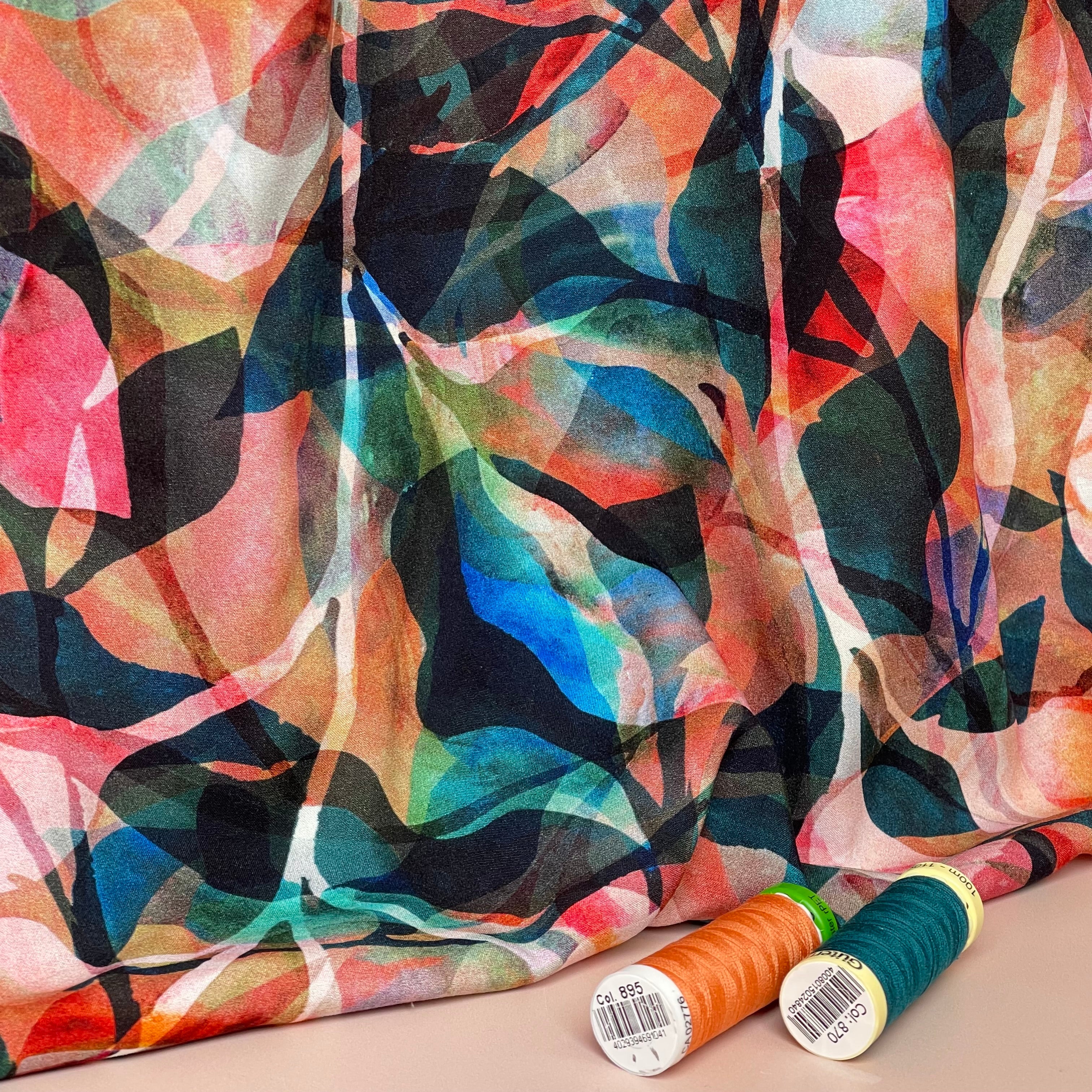 REMNANT 1 Metre - Summer Party - Painted Foliage Sunset Viscose Fabric