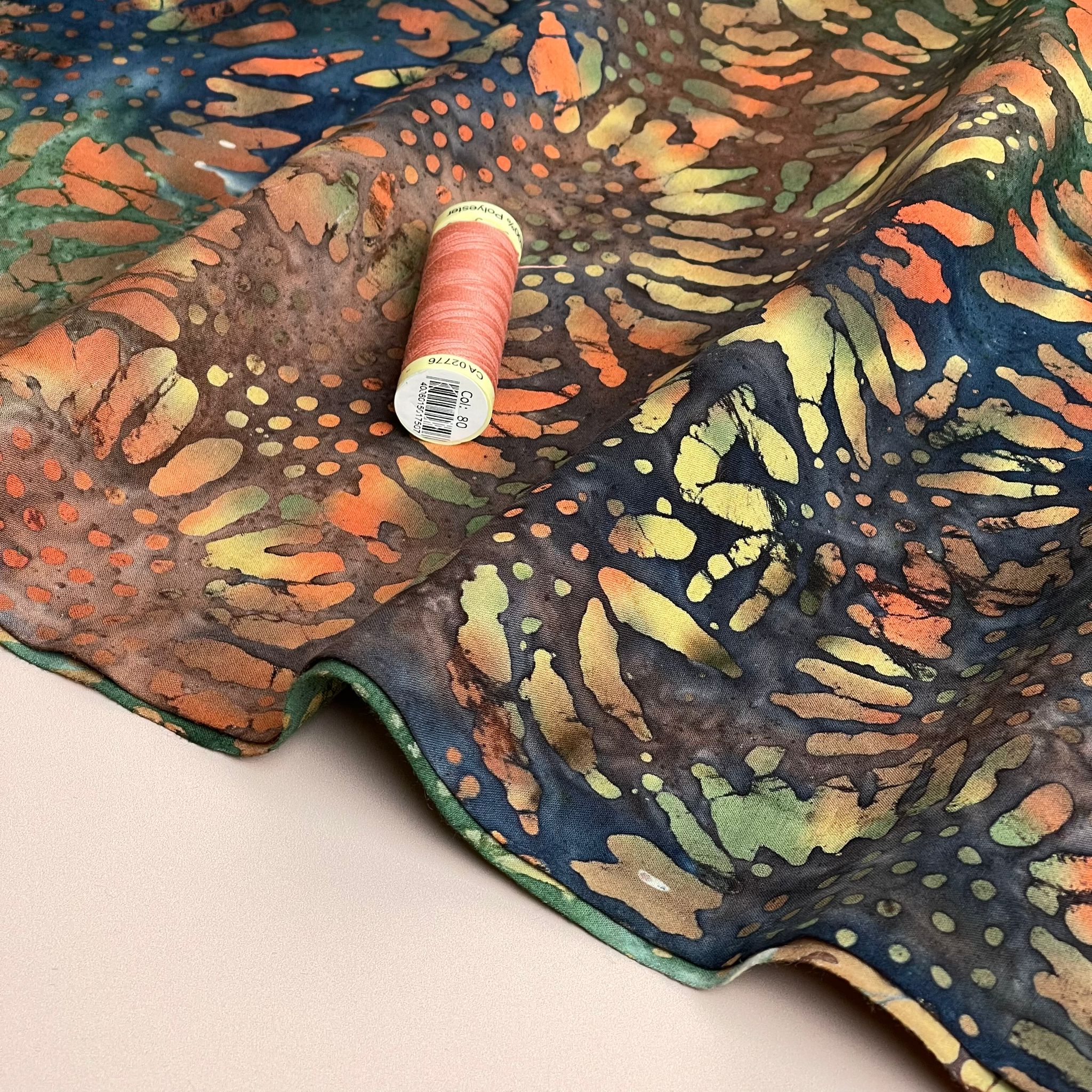 REMNANT 1.10 Metres - Batik Sunflowers on Navy Cotton Fabric