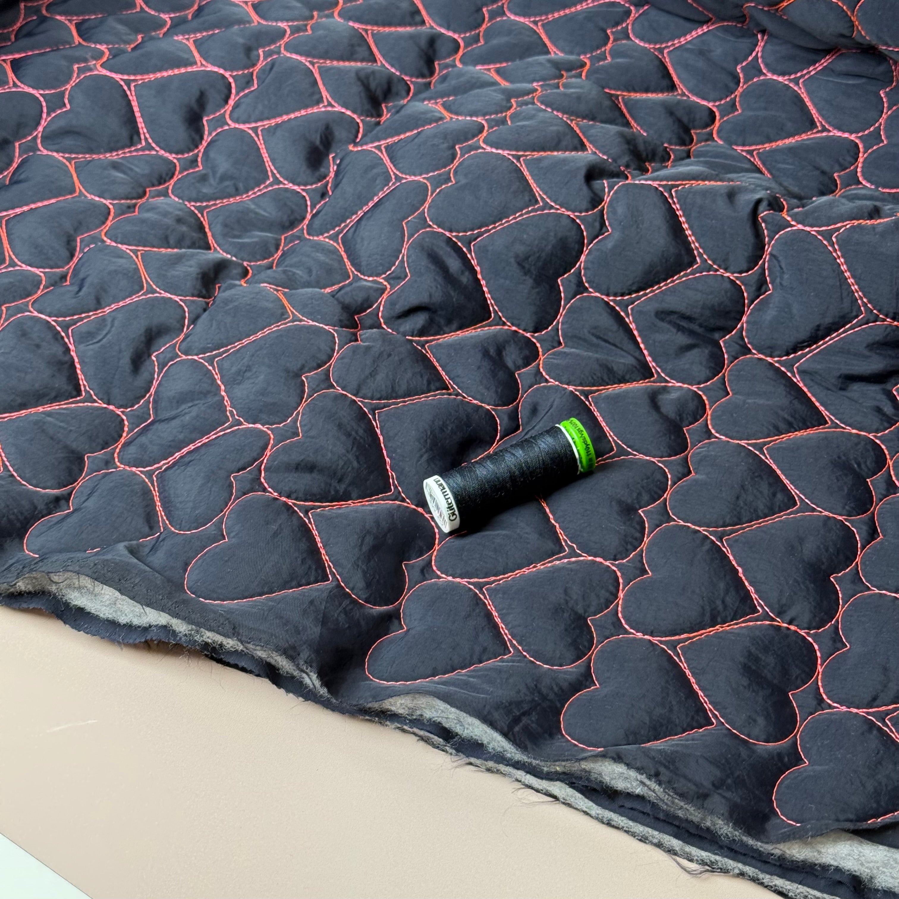 Hearts on Black Quilted Fabric