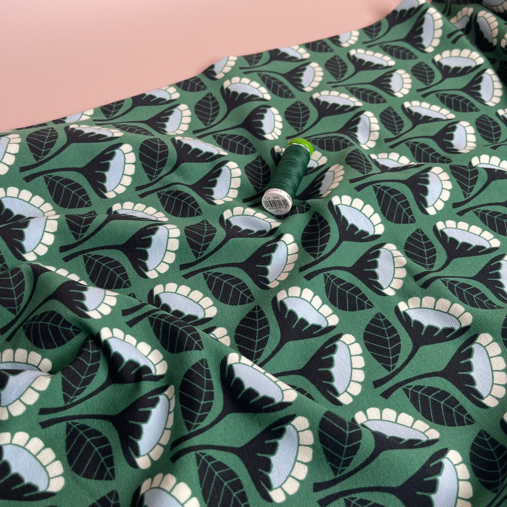 REMNANT 2.10 Metres - Monochrome Flowers on Emerald Green Cotton French Terry