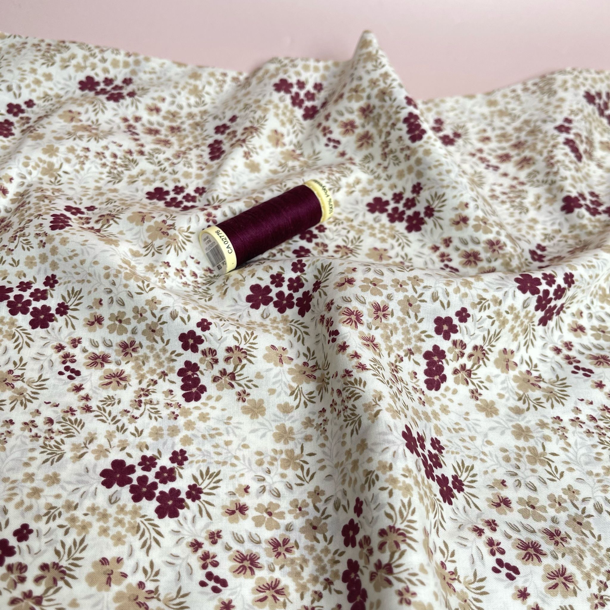 Ex-Designer Deadstock Ditsy Burgundy Flowers Cotton Lawn Fabric