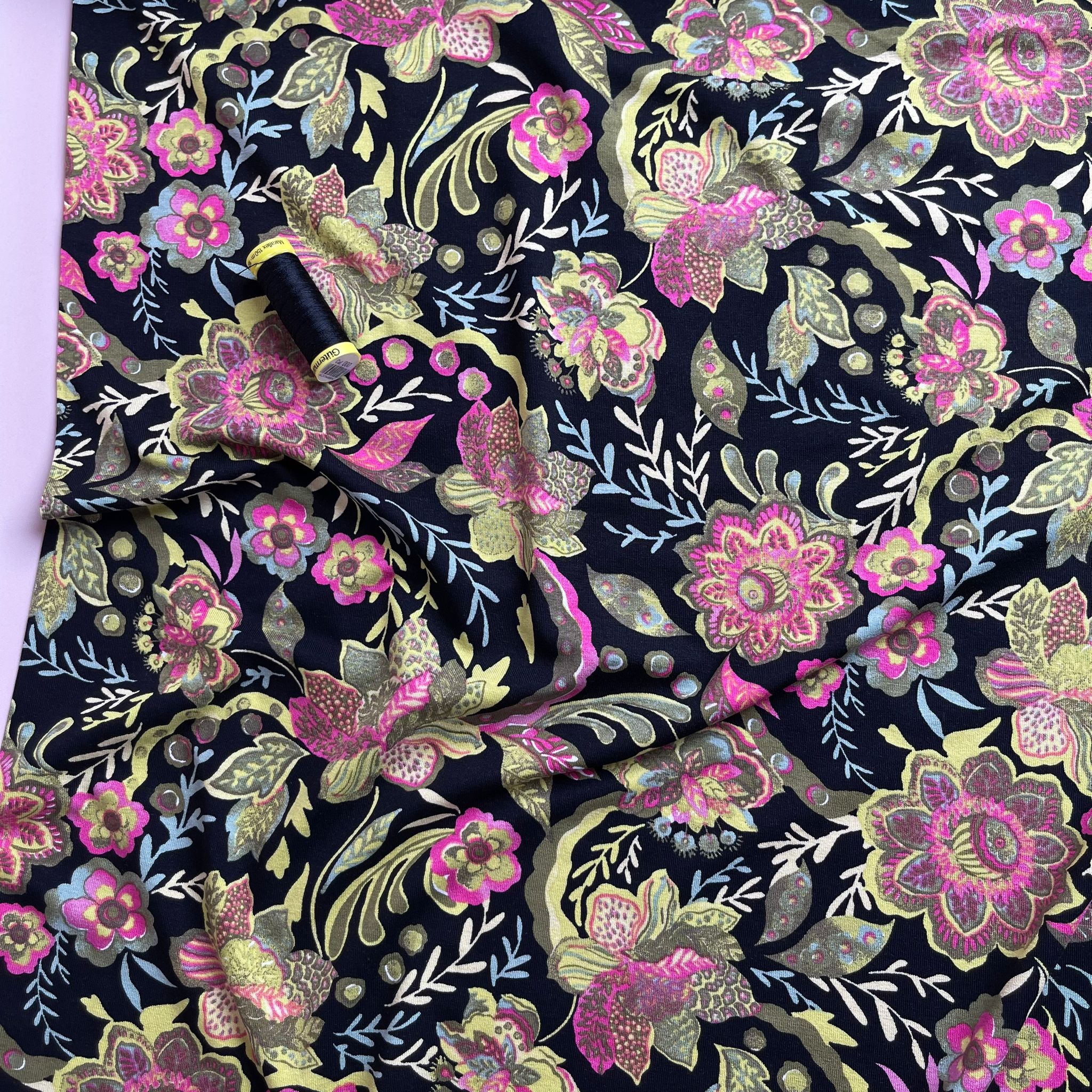 REMNANT 0.61 Metre - Ornate Flower in Lime and Pink De Luxe Viscose Jersey Fabric