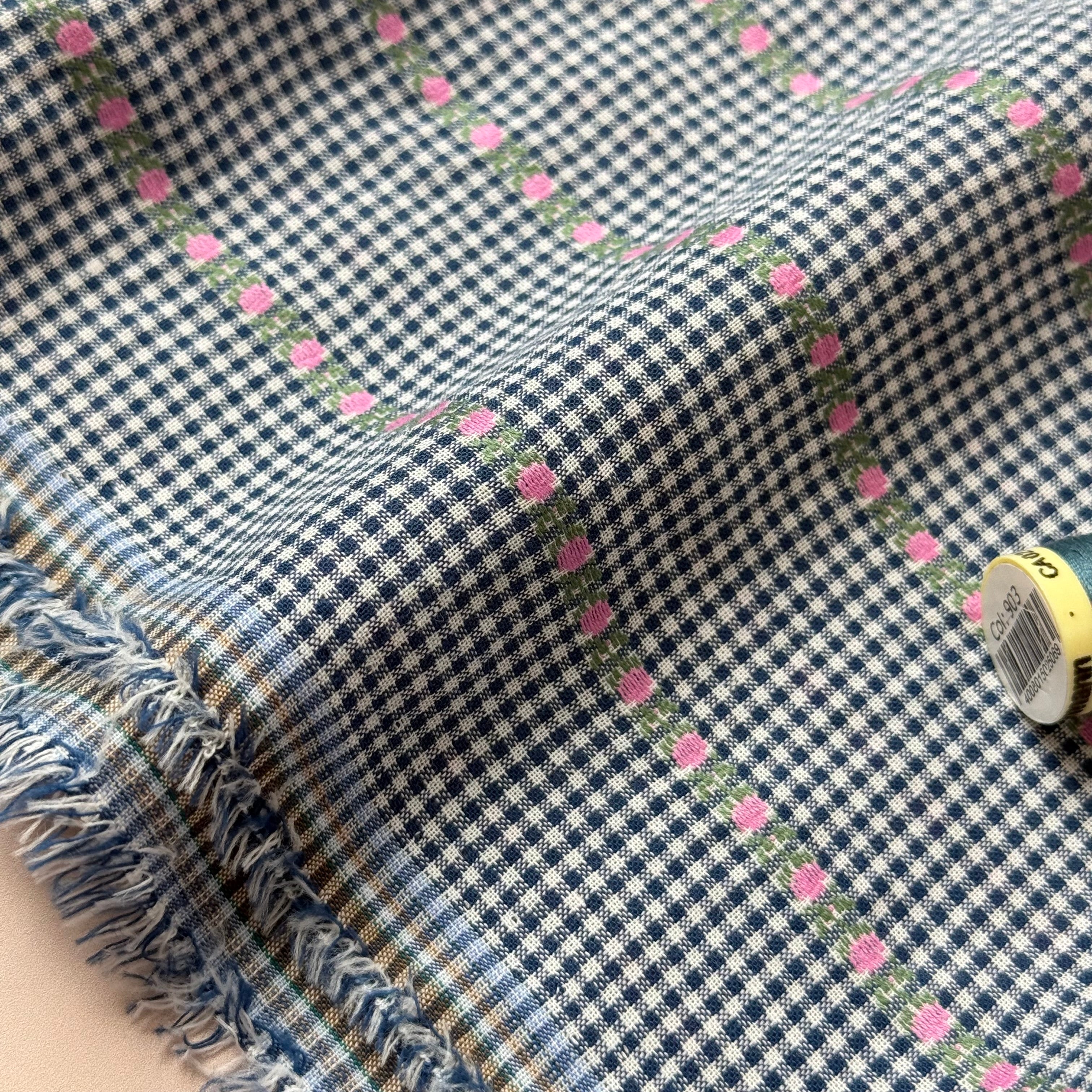 Tulips on Navy Gingham Yarn Dyed Cotton Jacquard