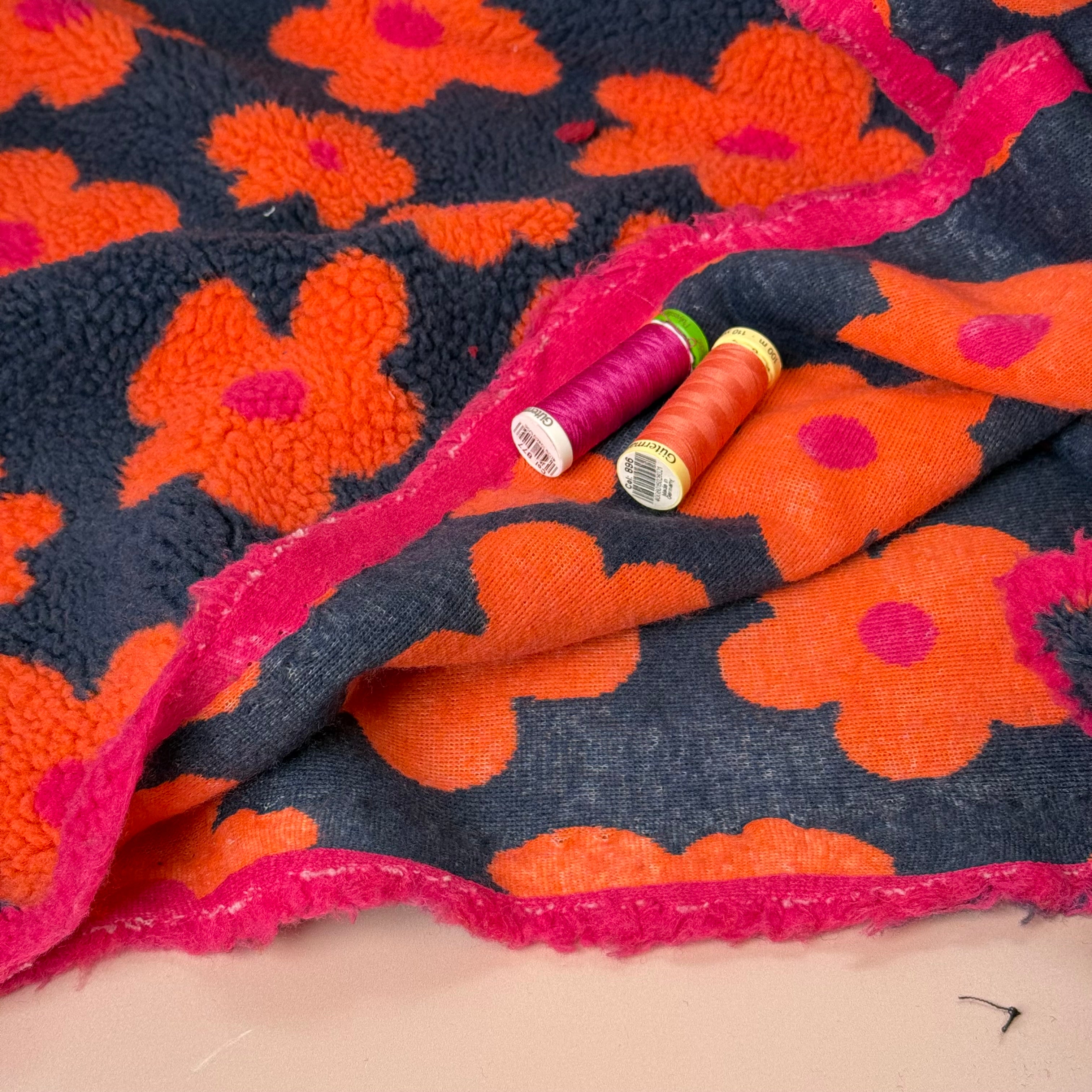 Flowers on Navy Teddy Coating Fabric