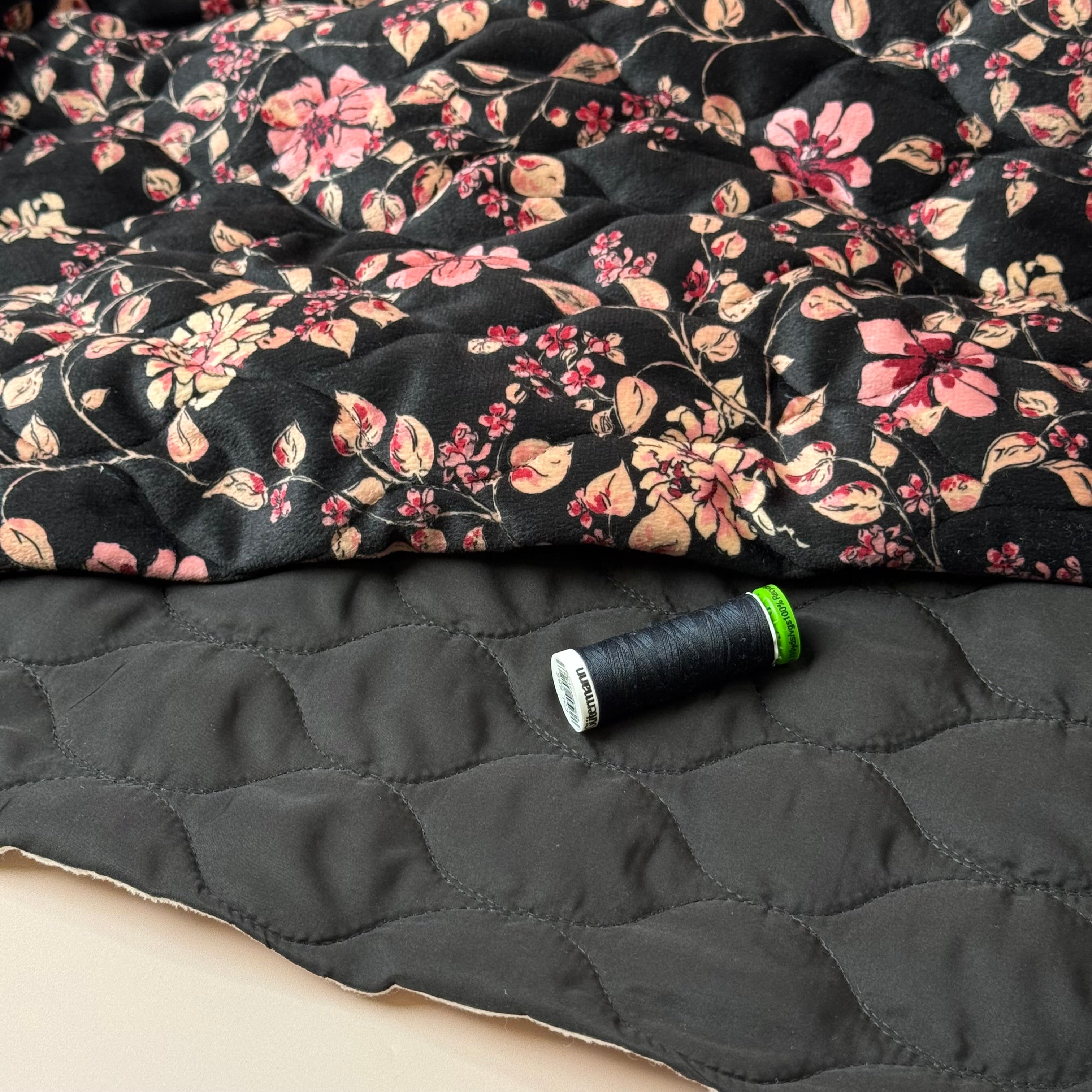Autumn Flowers on Black Quilted Velvet Fabric
