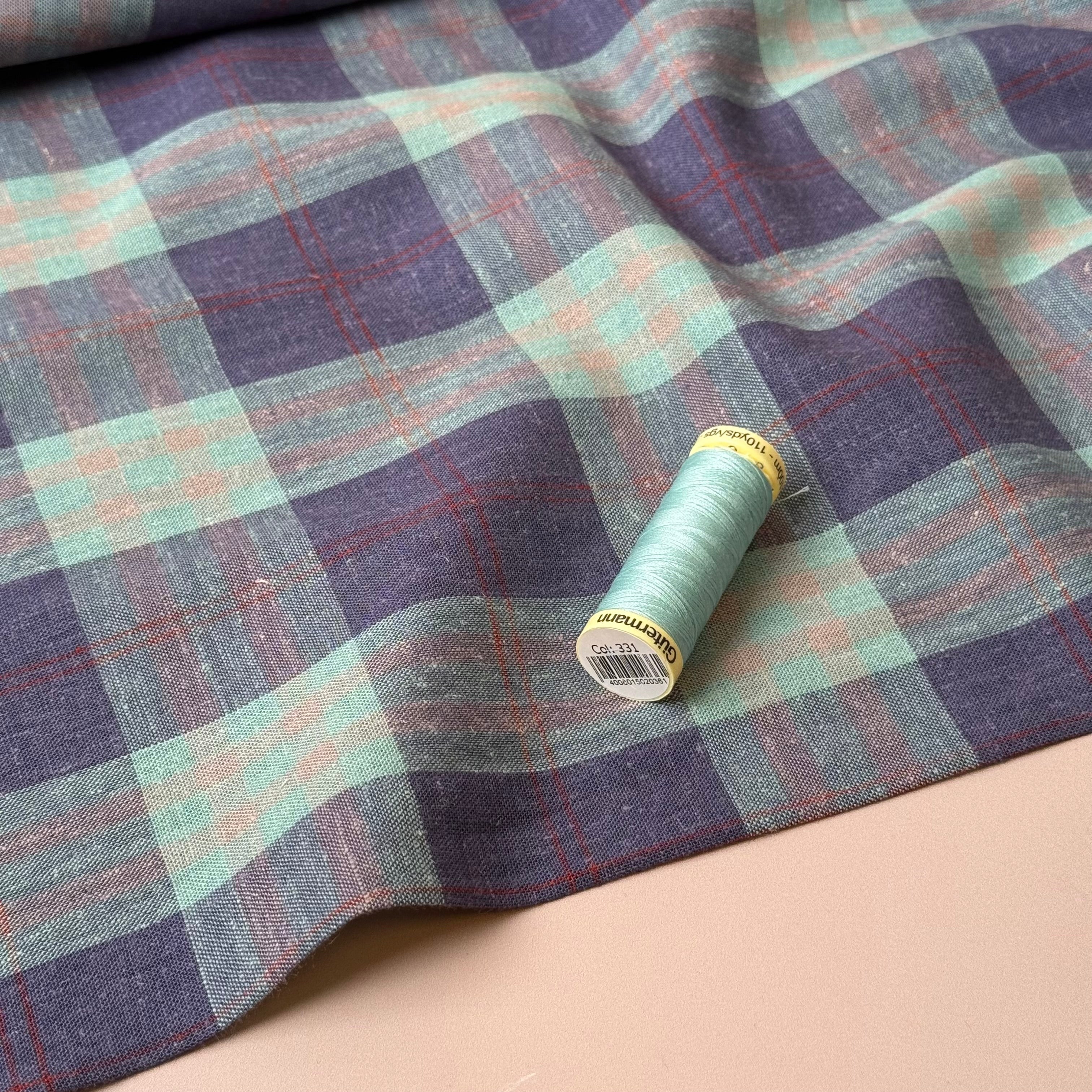 Yarn Dyed Mint and Purple Checks Linen Viscose Fabric