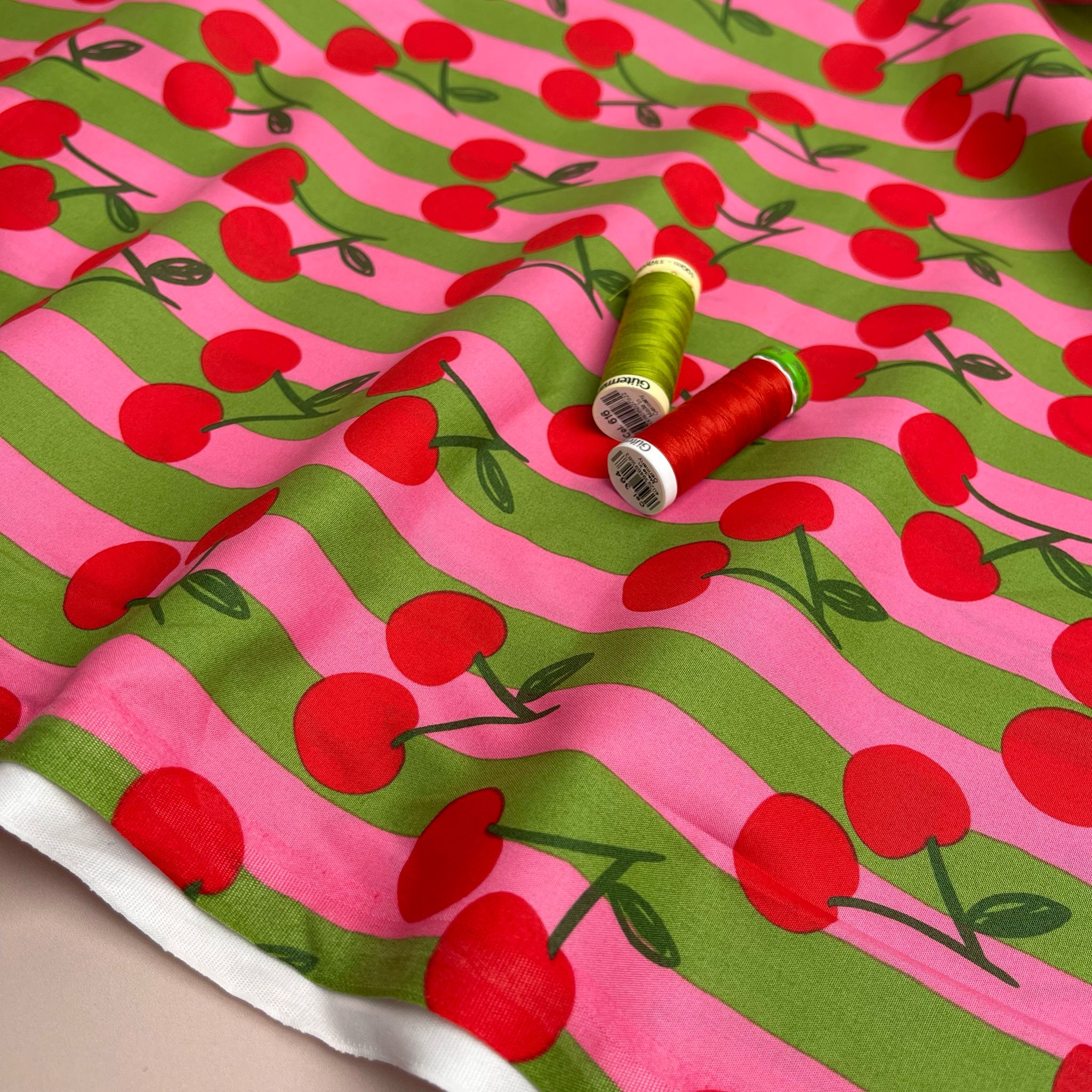 Funky Cherry Stripes on Pink Cotton Poplin Fabric
