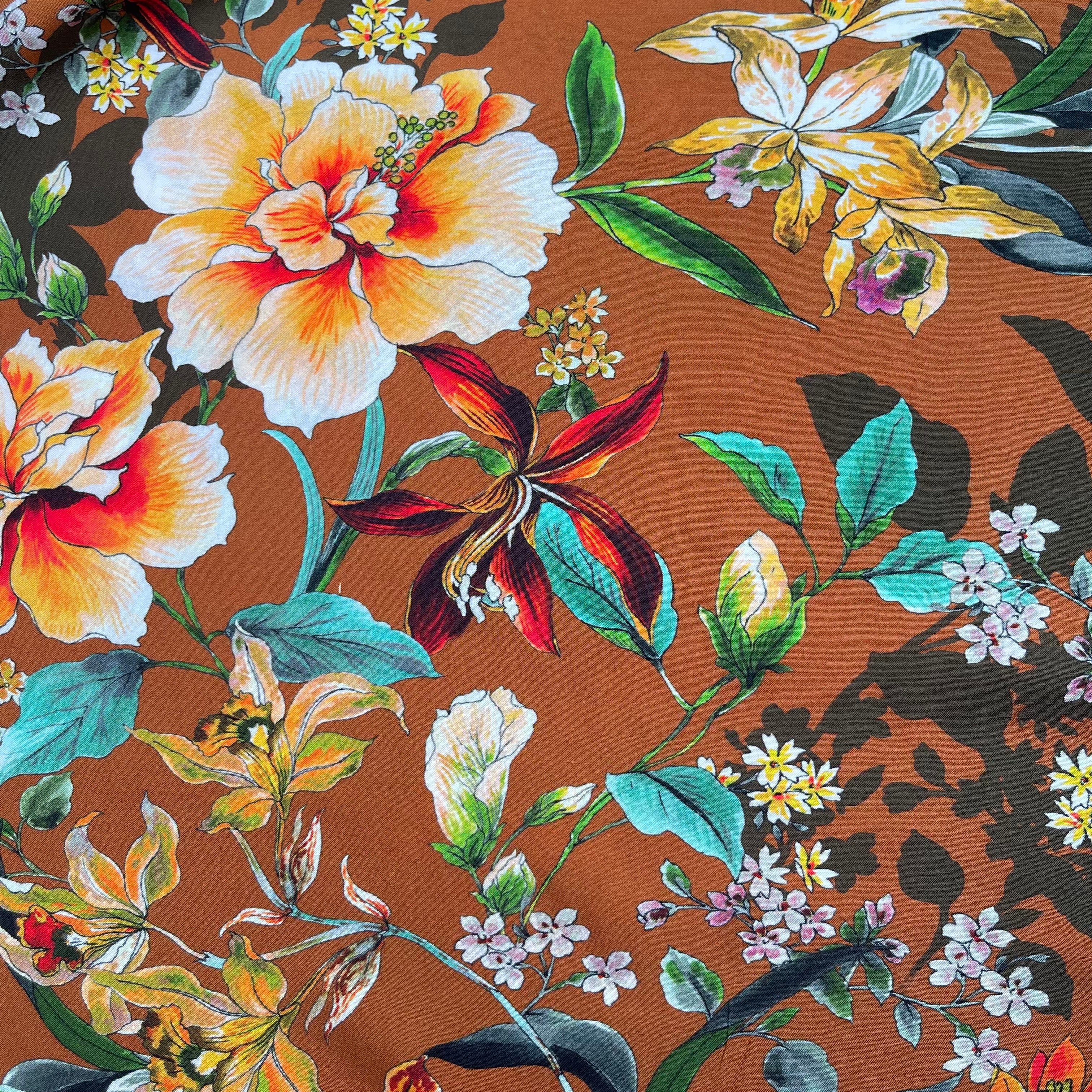 Watercolour Tropics on Appricot Viscose Poplin Fabric