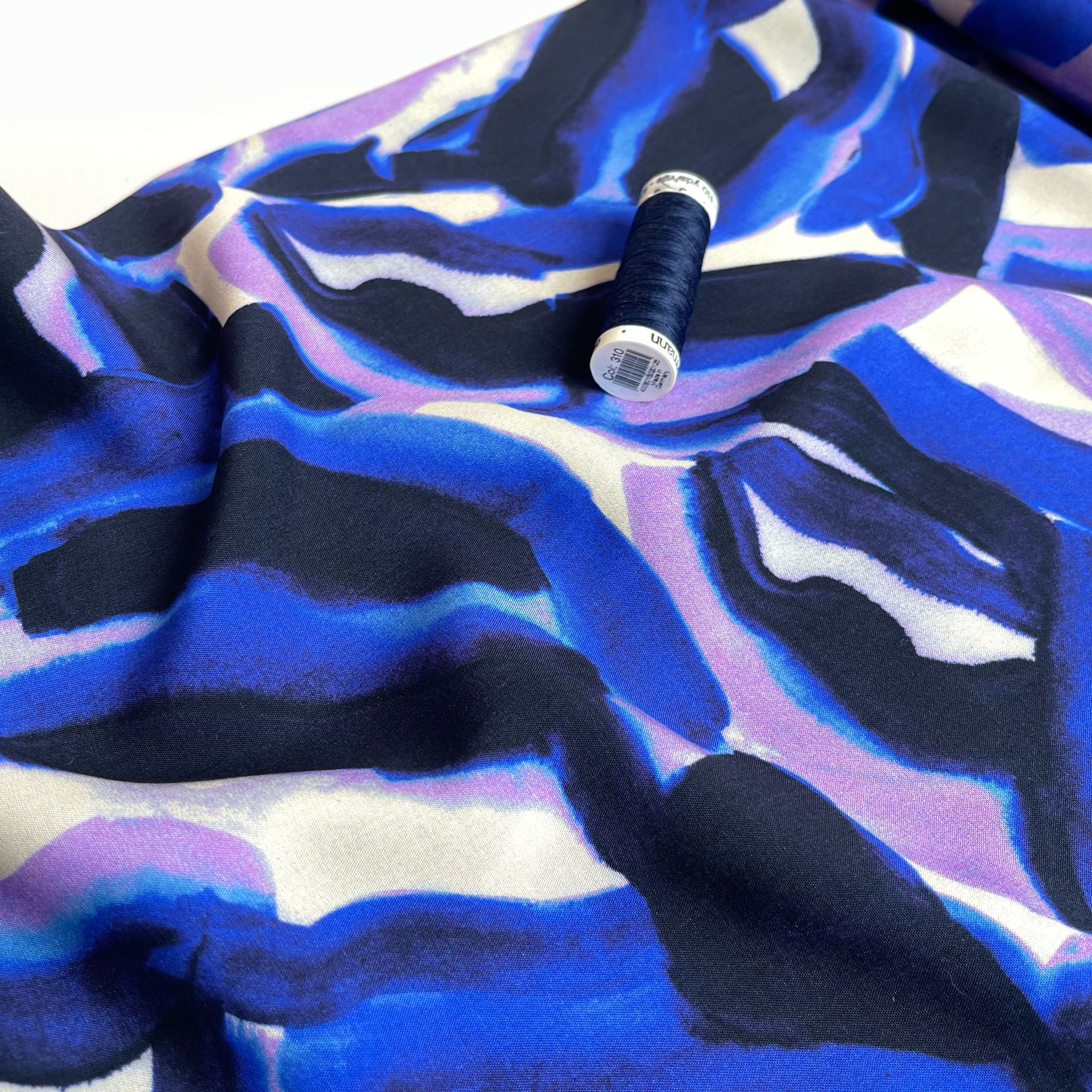 REMNANT 0.9 Metre (pulled stitch and area with dye missing ) Abstract Navy and Lilac Viscose Fabric