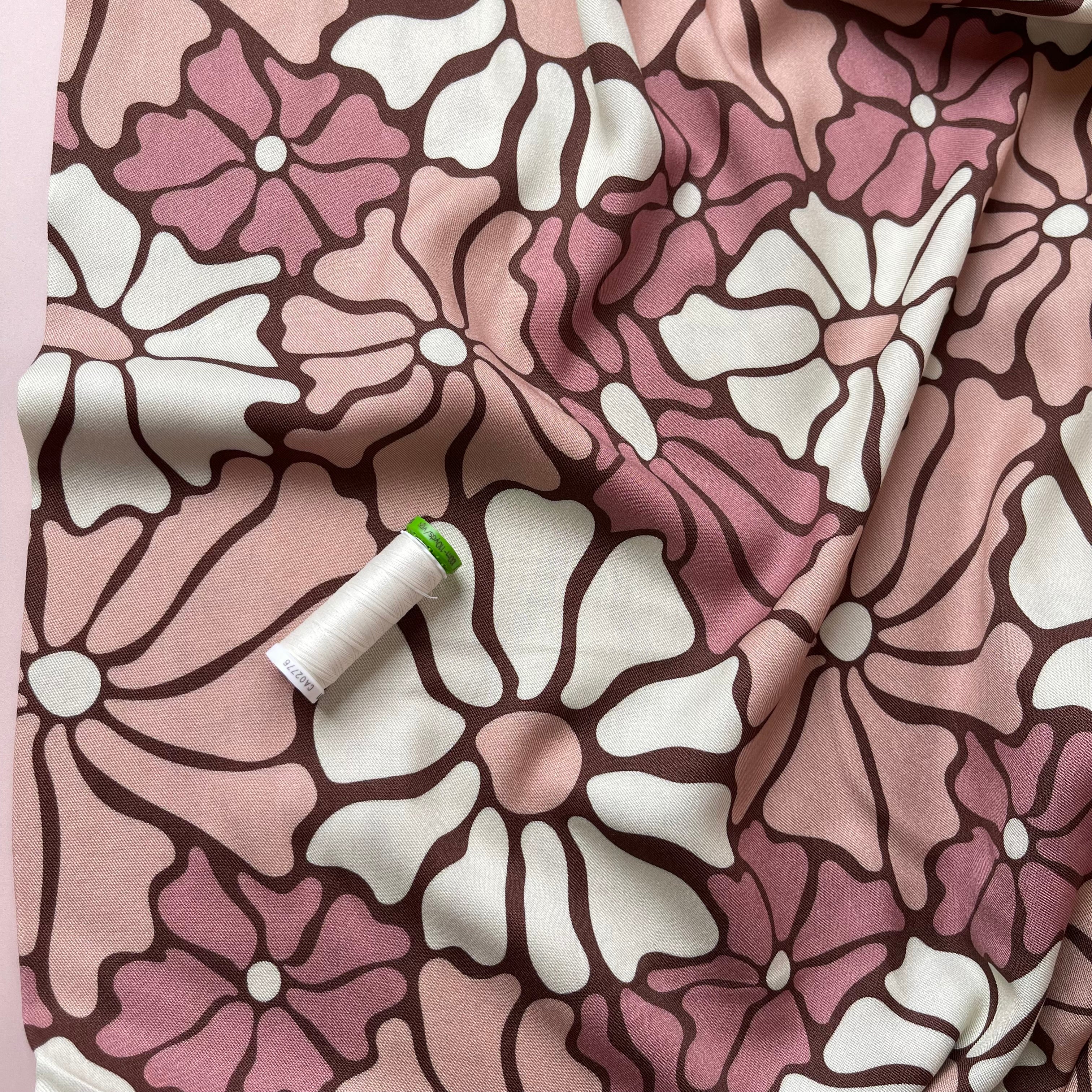 Light & Lush - Pink Blooms on Brown Viscose Twill Fabric