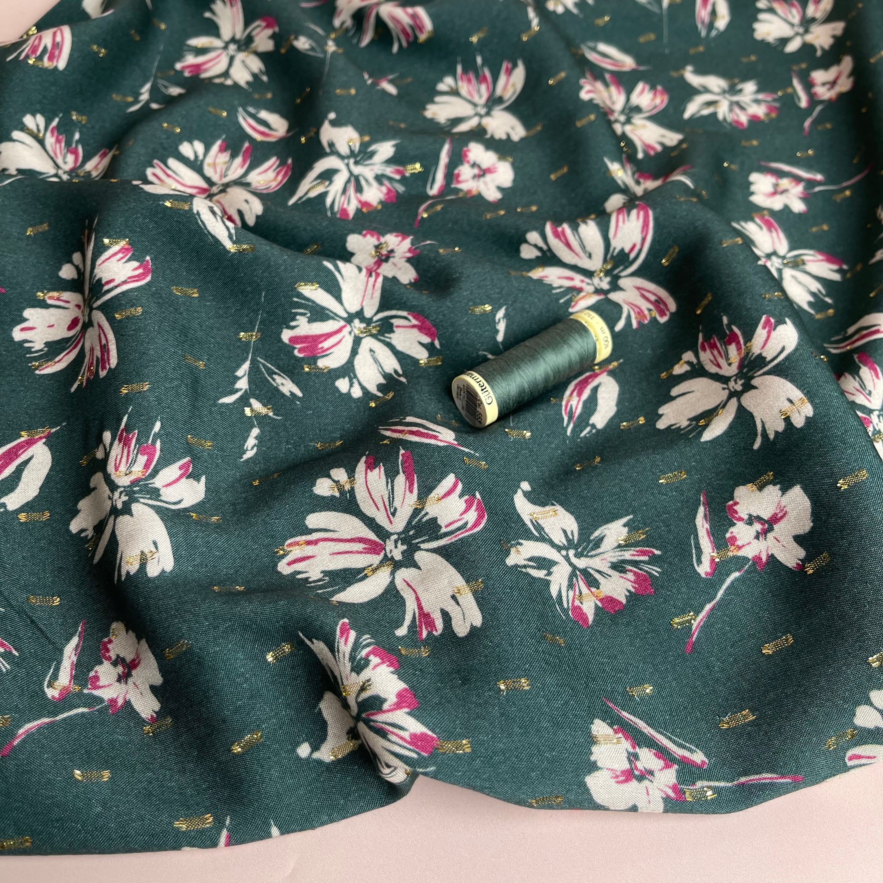 Flowers on Green with Lurex Viscose Fabric