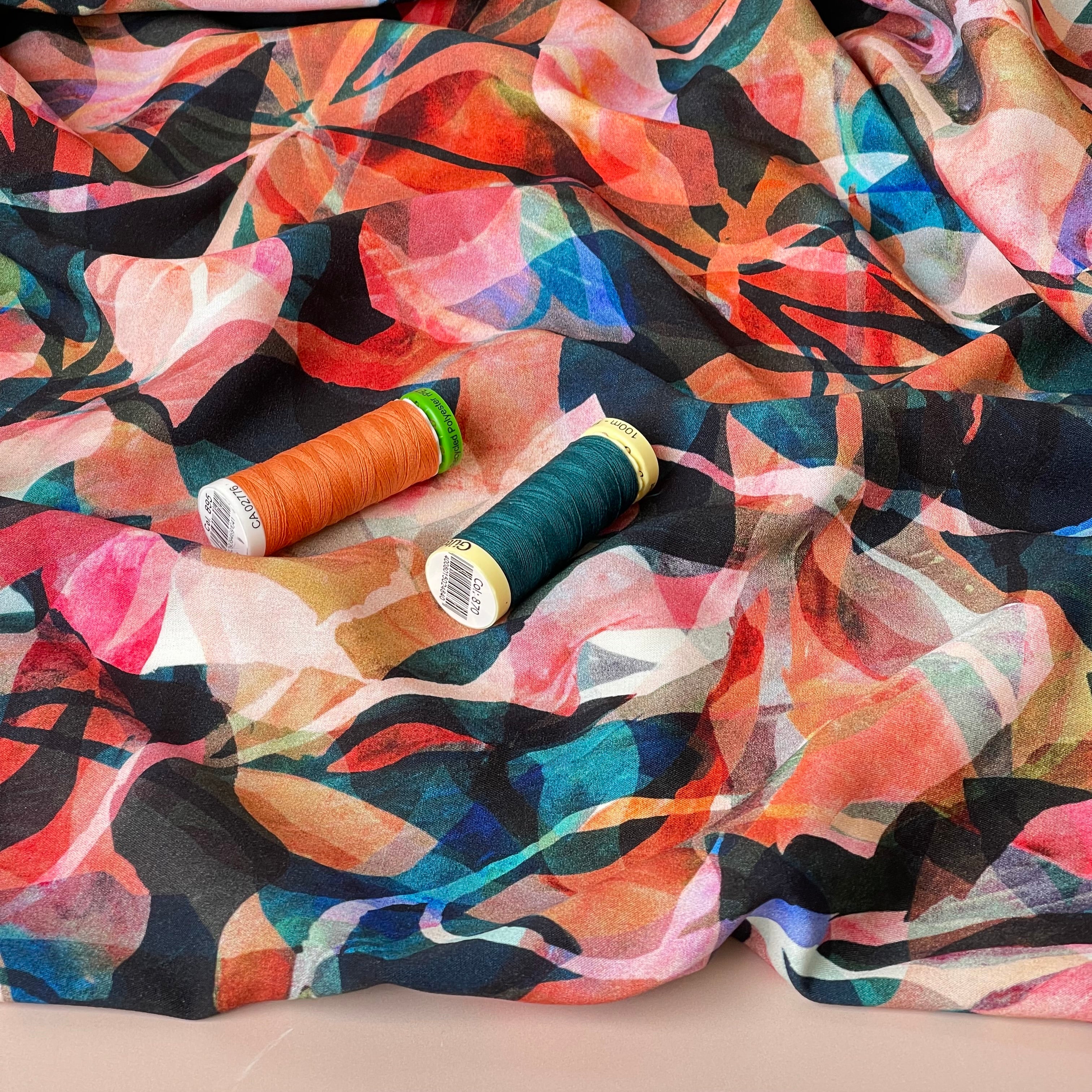 REMNANT 1 Metre - Summer Party - Painted Foliage Sunset Viscose Fabric