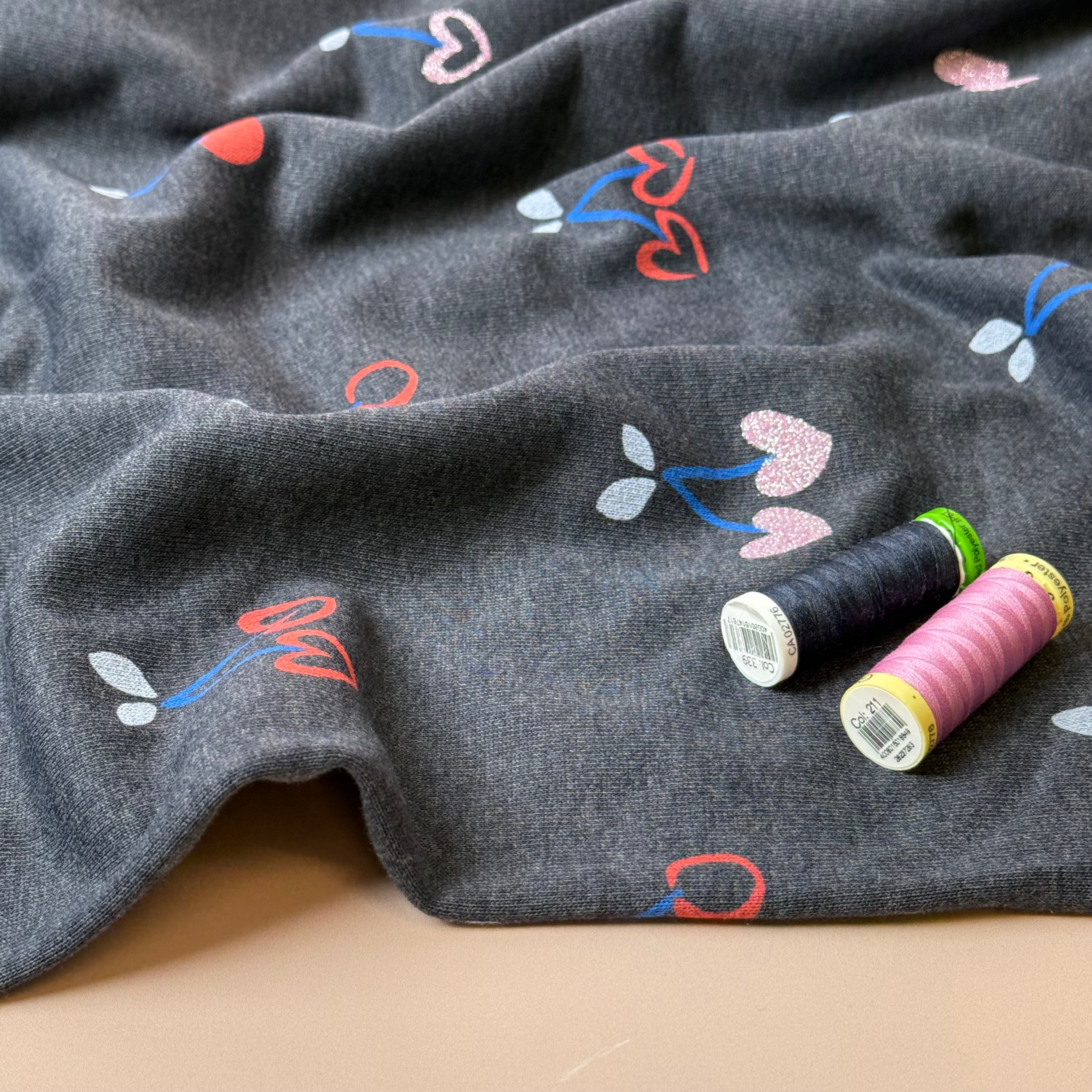 Glitter Cherries on Melange Dark Navy Cotton Sweat-shirting Fabric