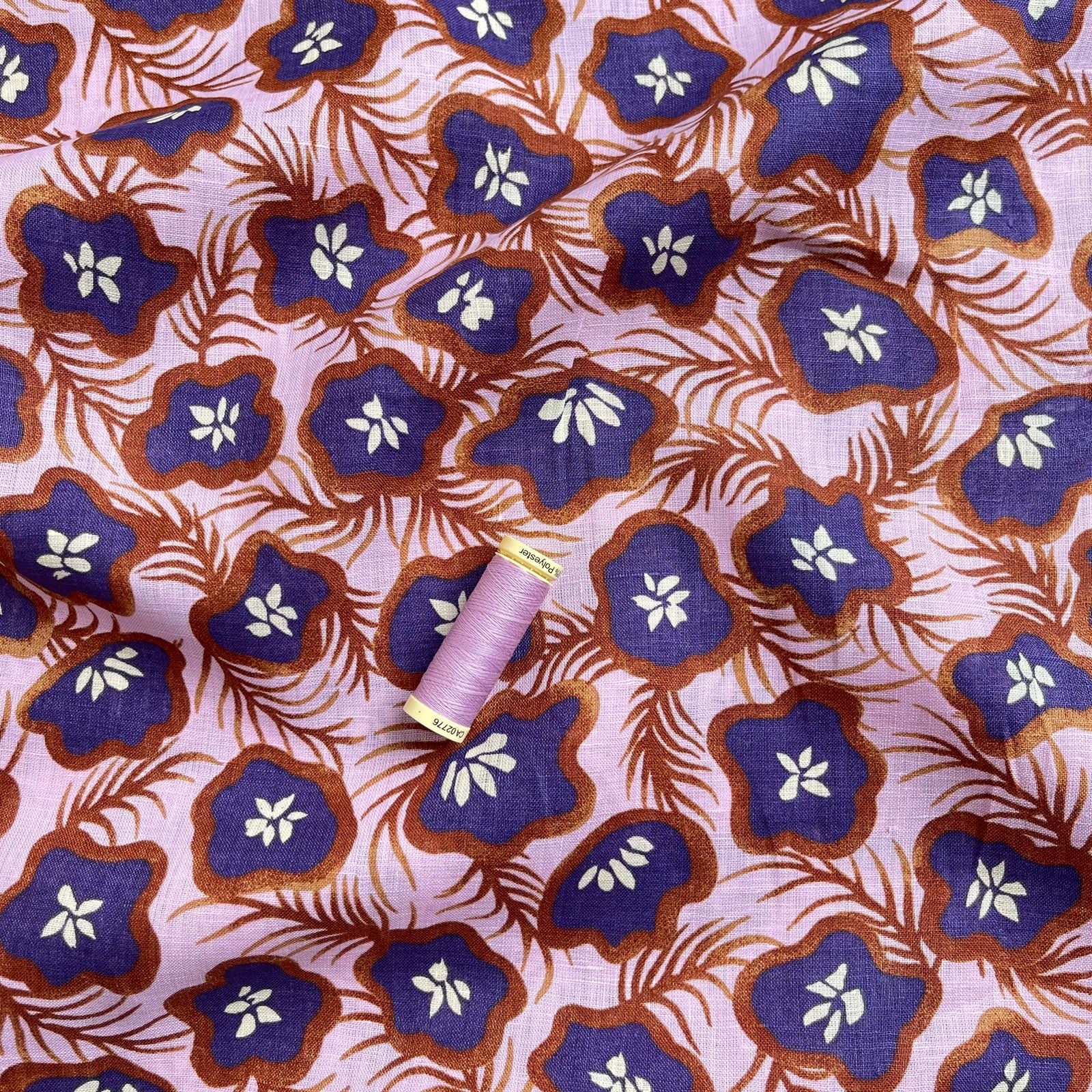 Ex-Designer Deadstock Tropical Fruits on Lilac Pure Linen Fabric
