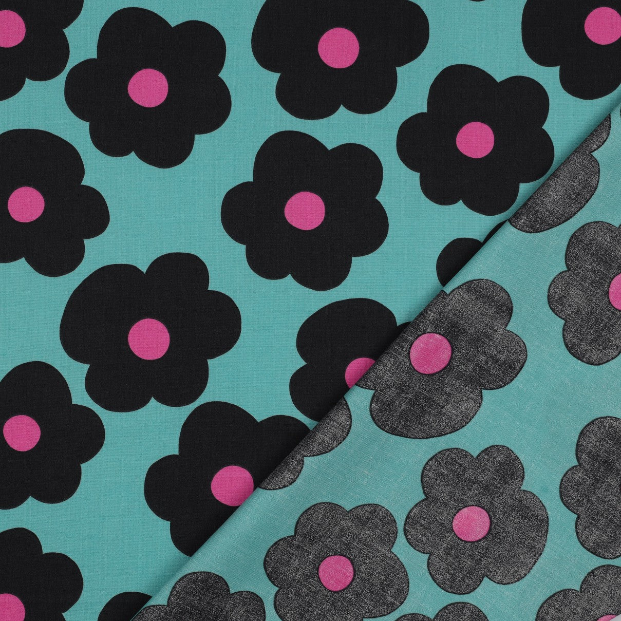 REMNANT 2.06 Metres - Nerida Hansen -Big Flowers on Sea Blue Cotton Poplin Fabric