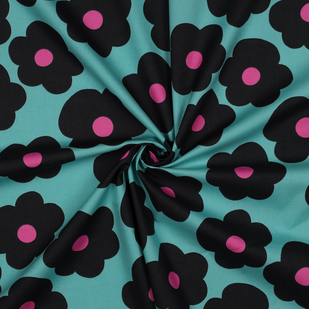 REMNANT 2.06 Metres - Nerida Hansen -Big Flowers on Sea Blue Cotton Poplin Fabric