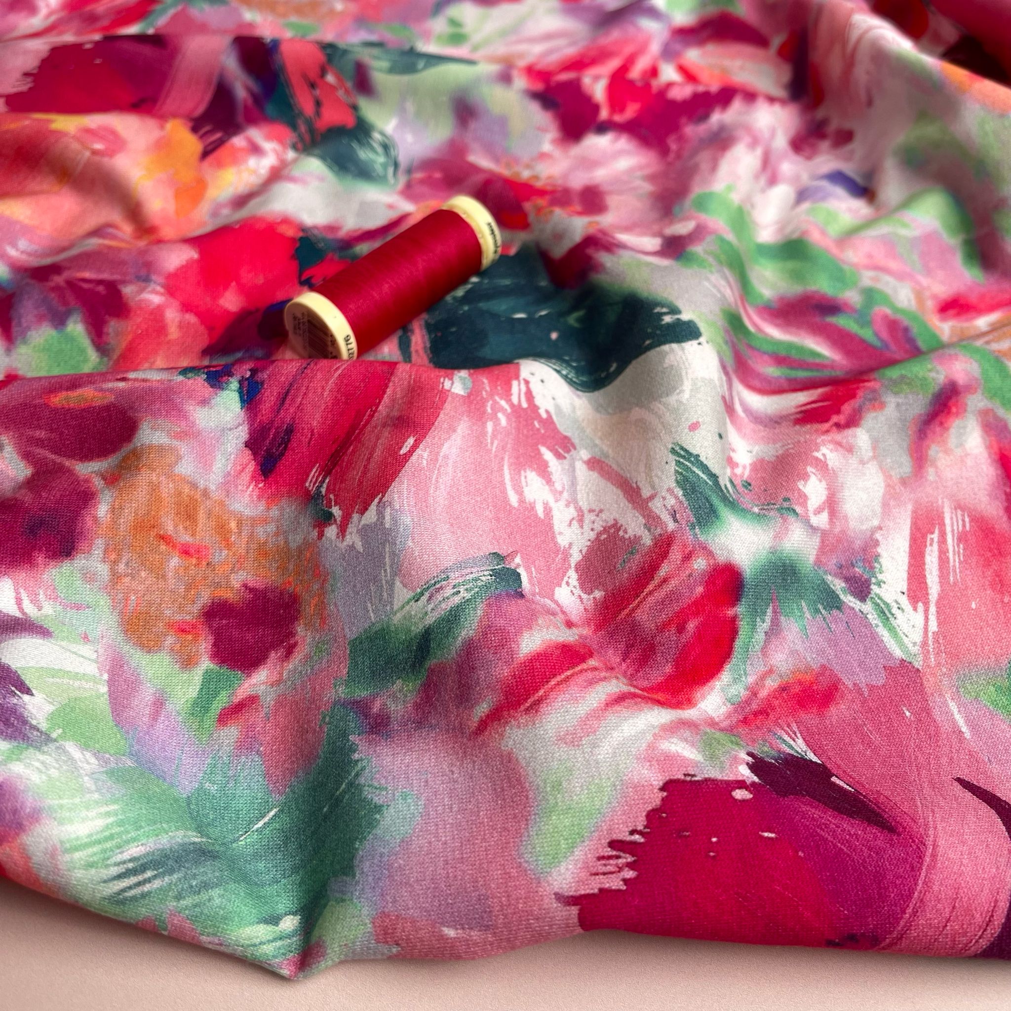 REMNANT 0.92 Metre - Painted Fuchsia Blooms Cotton French Terry