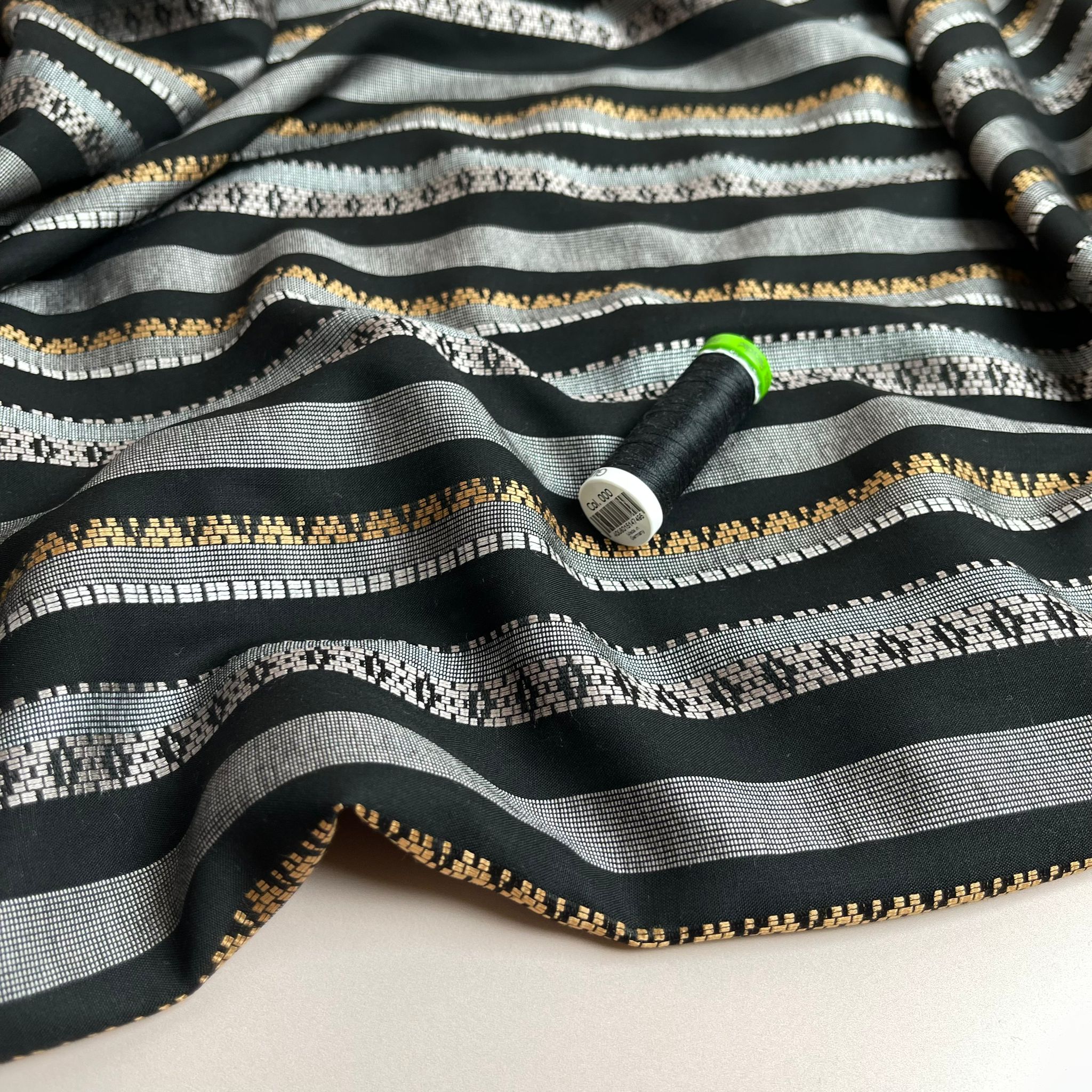 Yarn Dyed Embroidered Stripes on Black Viscose Fabric