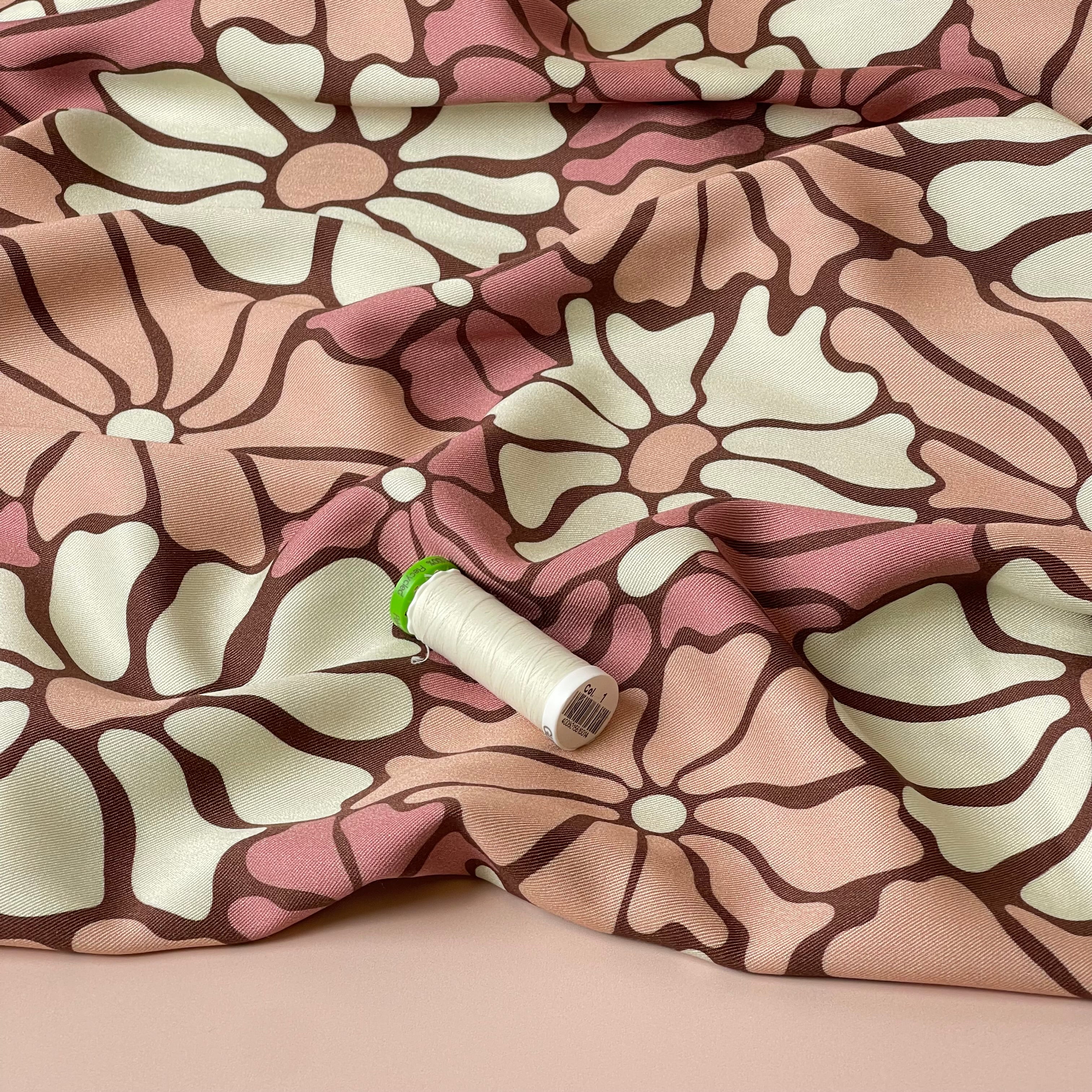 Light & Lush - Pink Blooms on Brown Viscose Twill Fabric