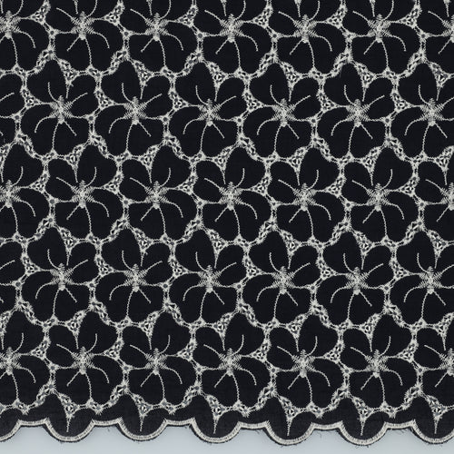 REMNANT 1.26 Metres - Scalloped Flowers Border Embroidered Cotton Fabric in Dark Navy