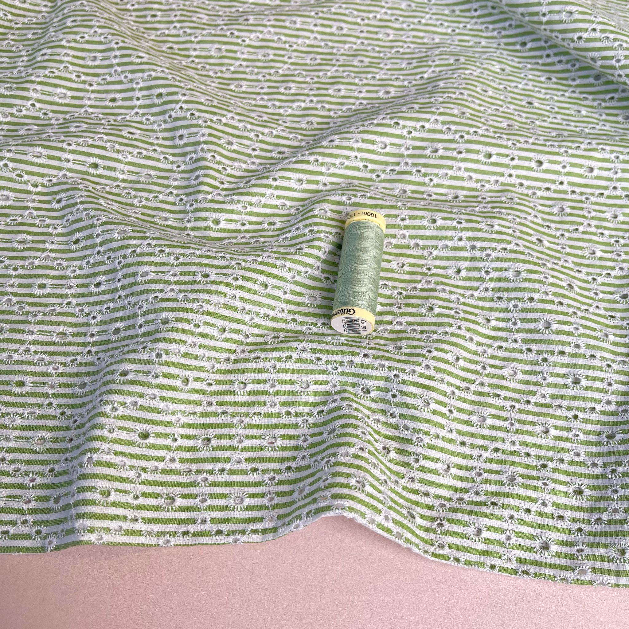 Spring Green Striped Broderie Anglaise Cotton Fabric
