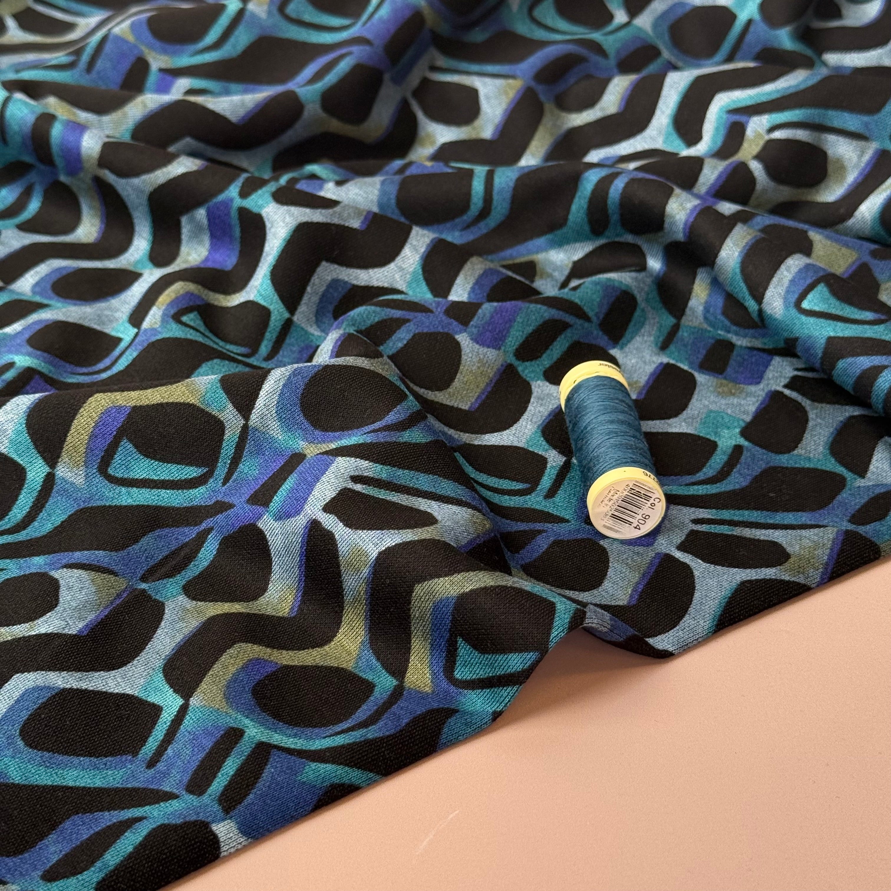 Graphic Swirls in Petrol Soft Ponte Interlock Jersey Fabric