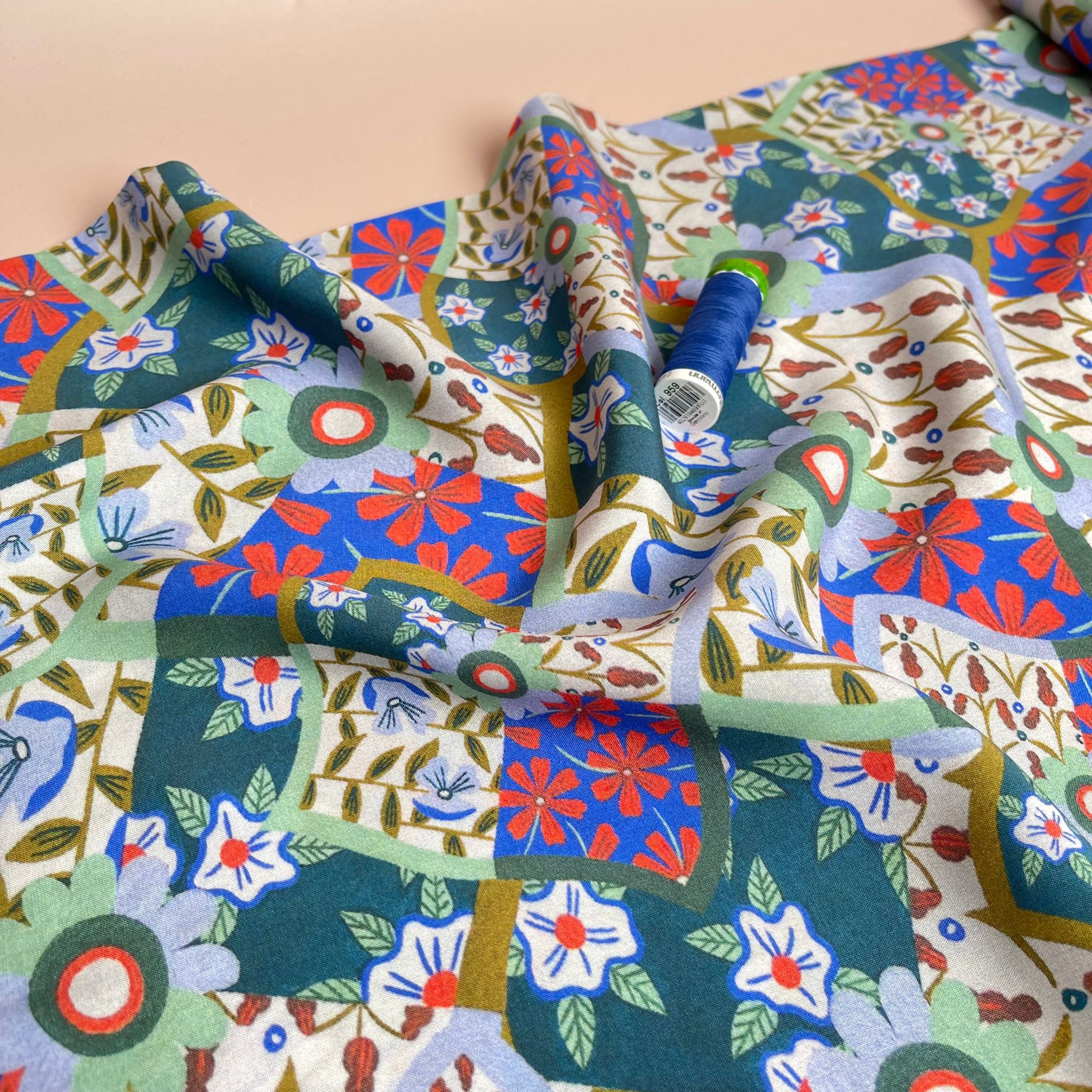Floral Patchwork Print in Blue and Red Viscose Fabric