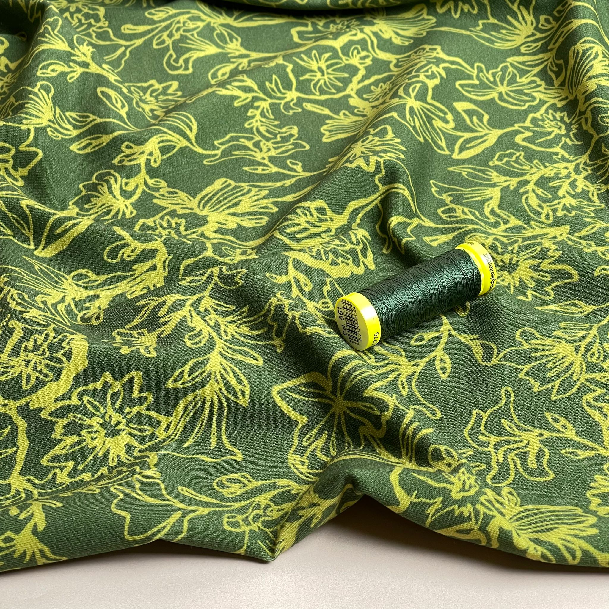 REMNANT 1.62 Metres - Danish Design - Lime Flowers on Green Cotton Jersey Fabric
