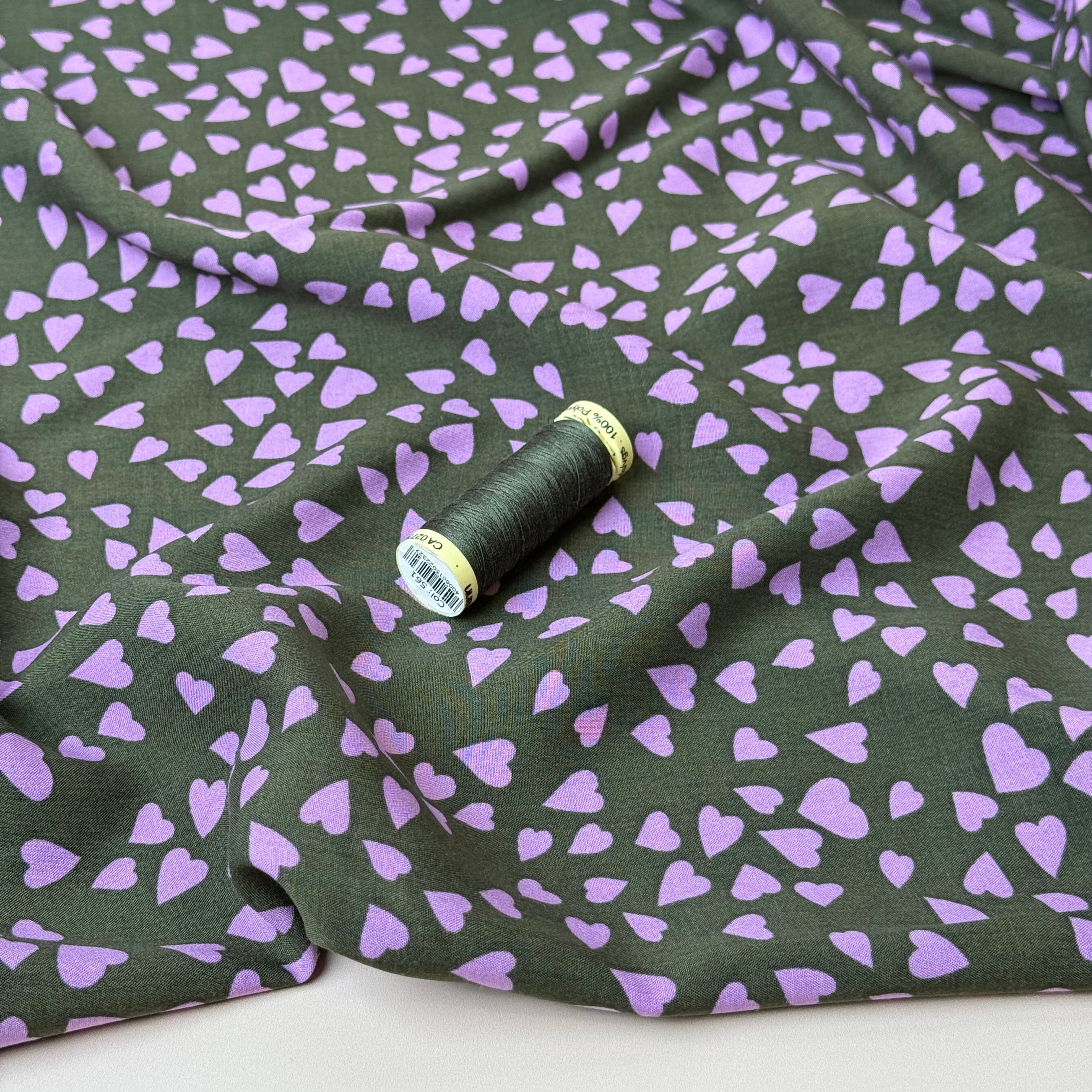 Shower of Hearts in Khaki Green LENZING™ ECOVERO™ Viscose Fabric