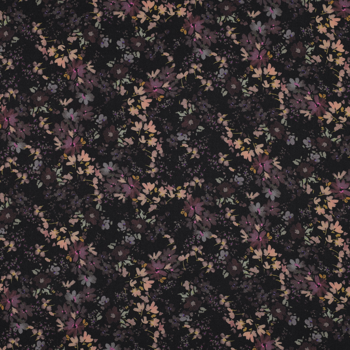 REMNANT 0.63 Metre - Rosella Watercolour Flowers on Black Stretch Viscose Twill Fabric