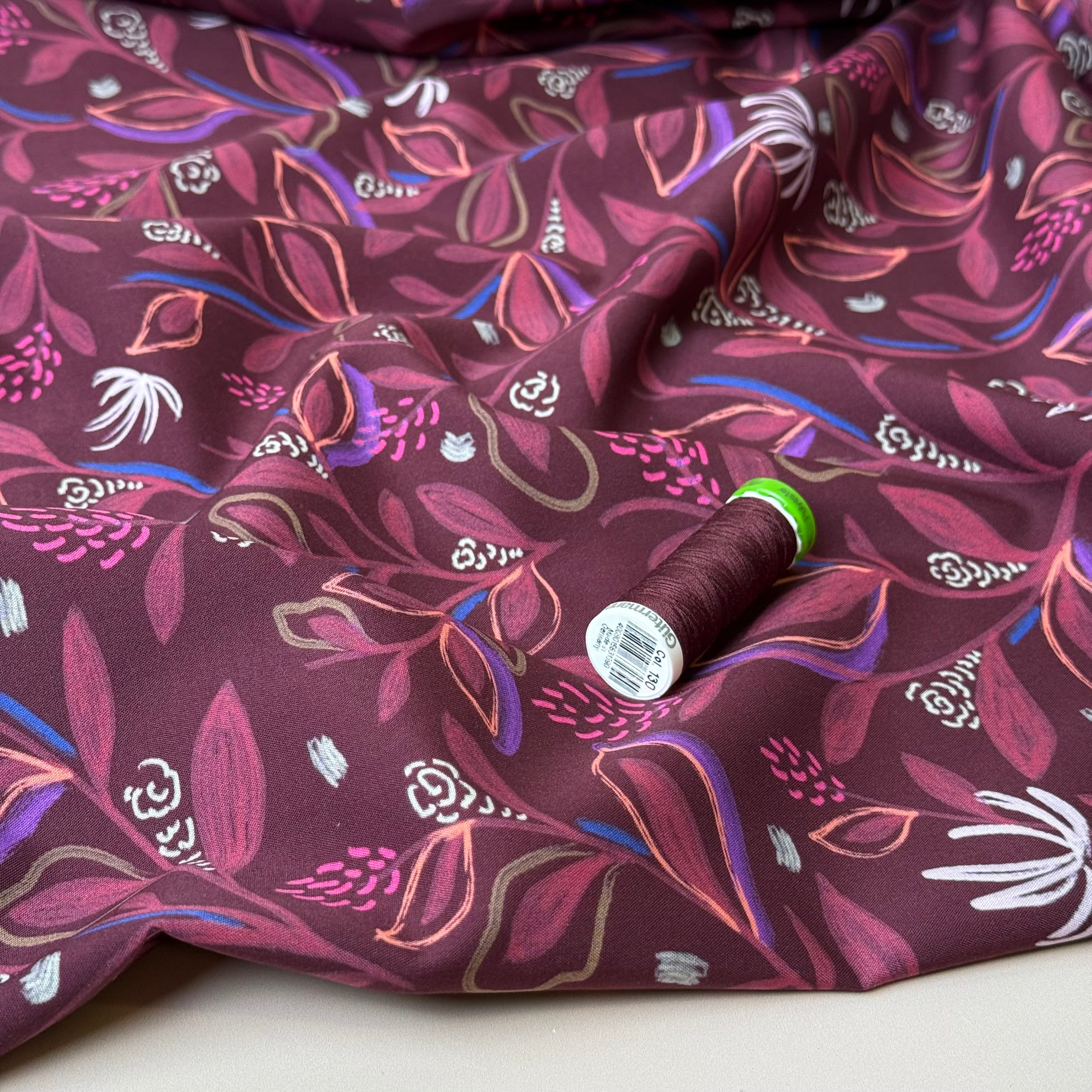 Flowering Branches in Pomegranate Fine Cotton Poplin Fabric