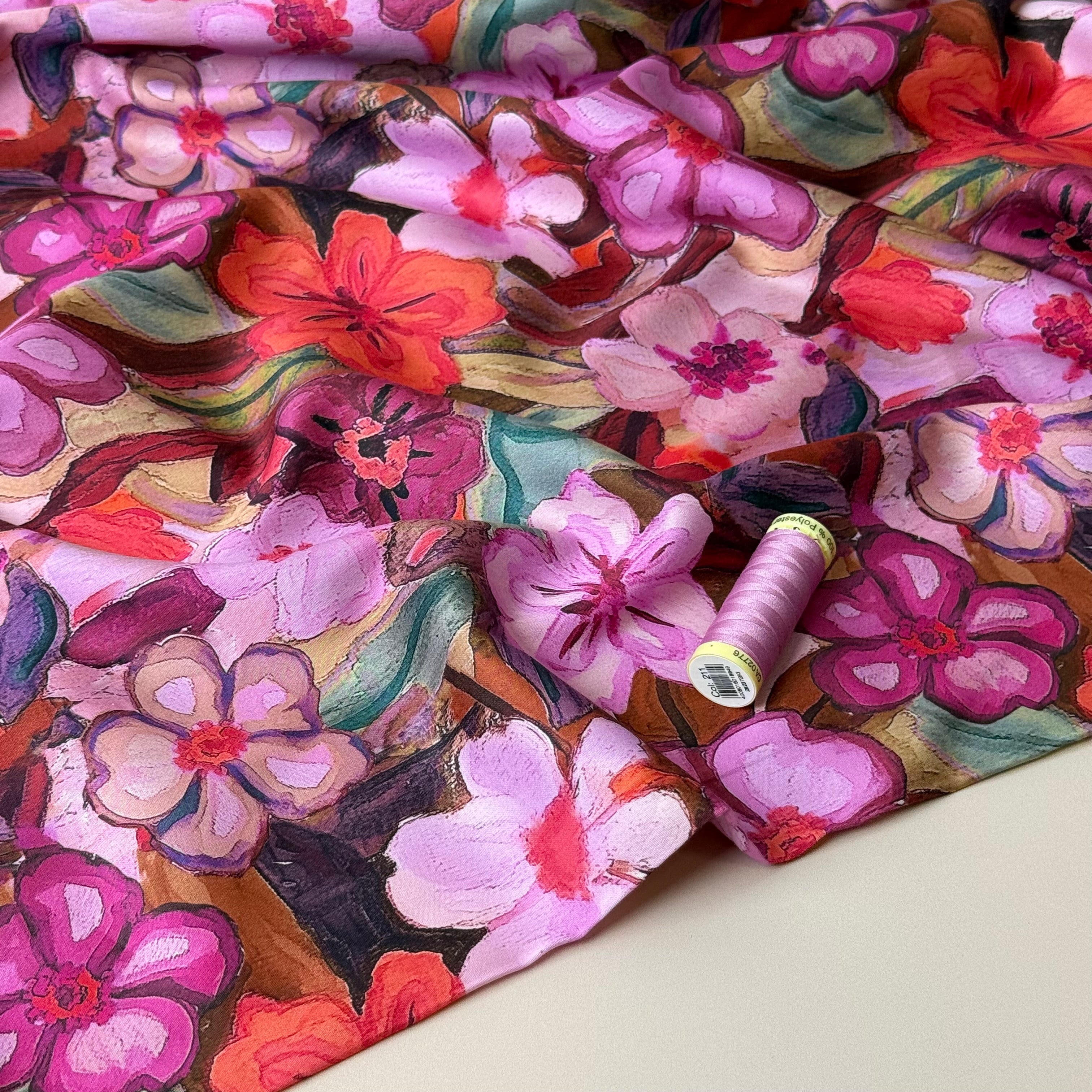 Pink Pastel Flowers Cotton Sateen Fabric