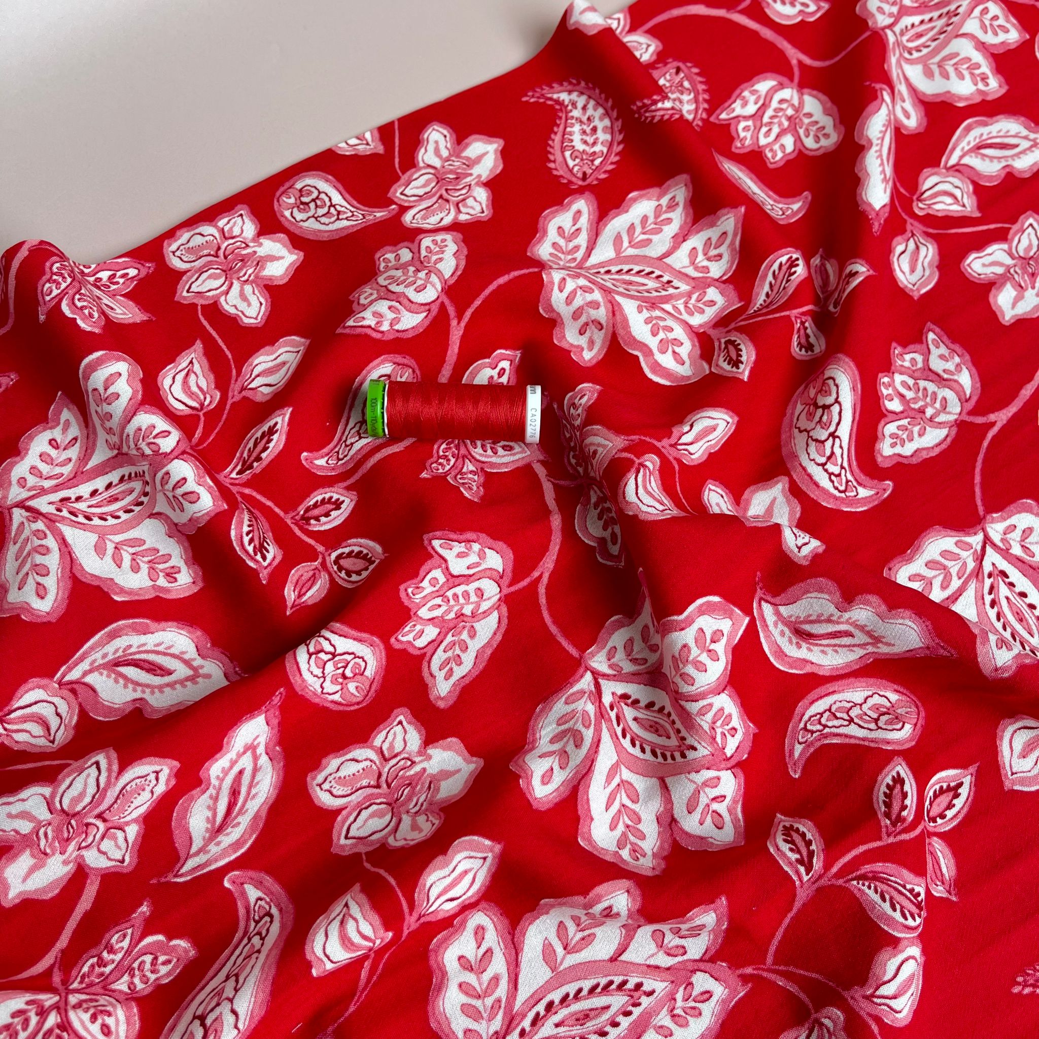 Red Block Print Linen Viscose Blend Fabric