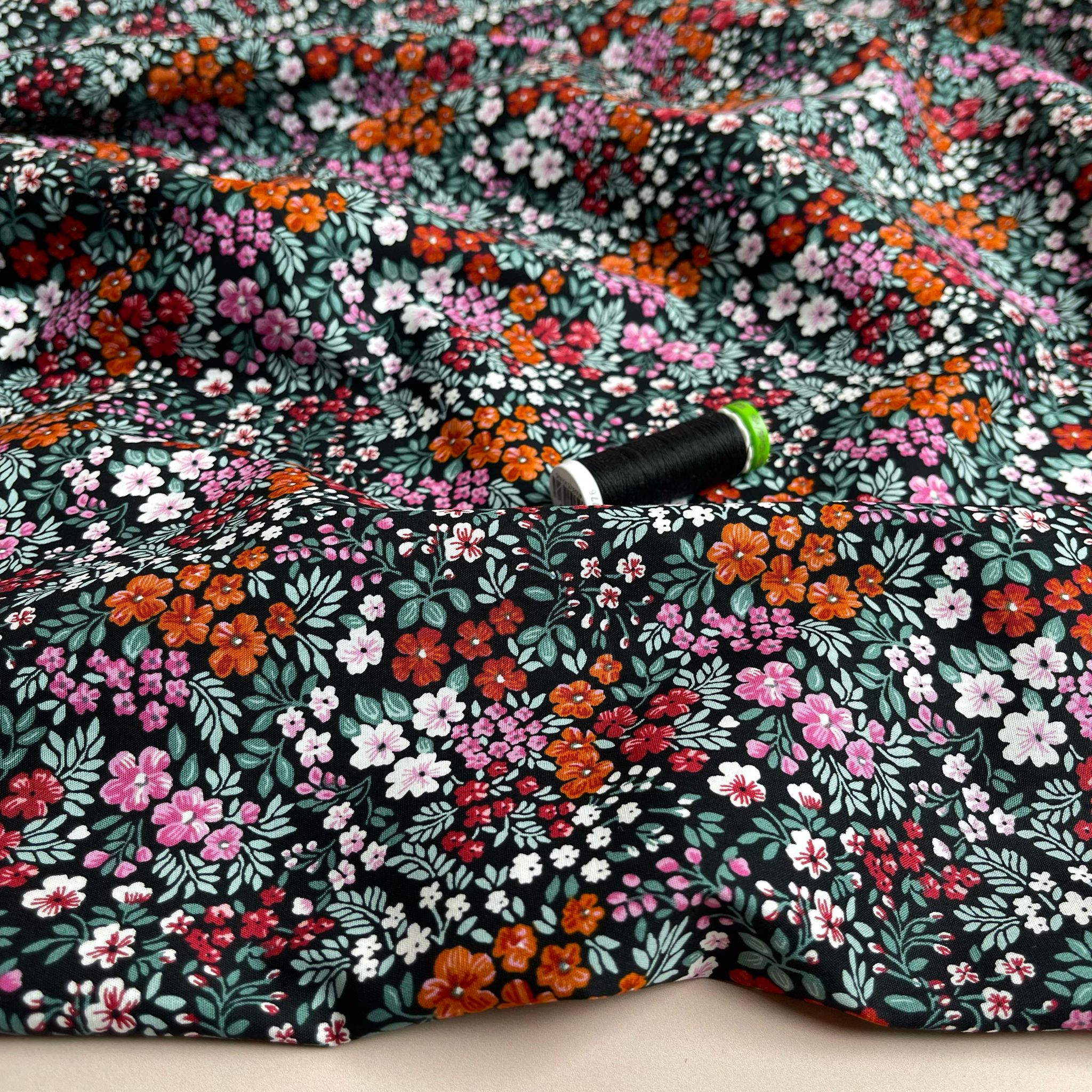 Ditsy Meadow on Black Cotton Poplin