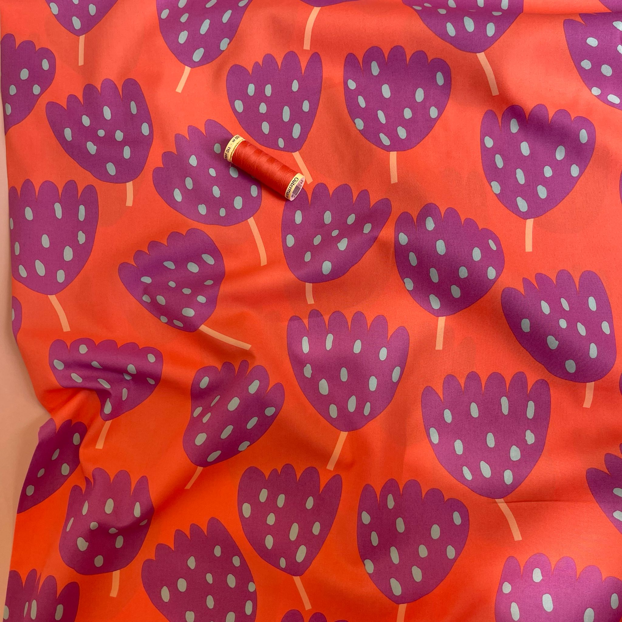 Purple Abstract Flowers on Orange Fine Cotton Poplin Fabric