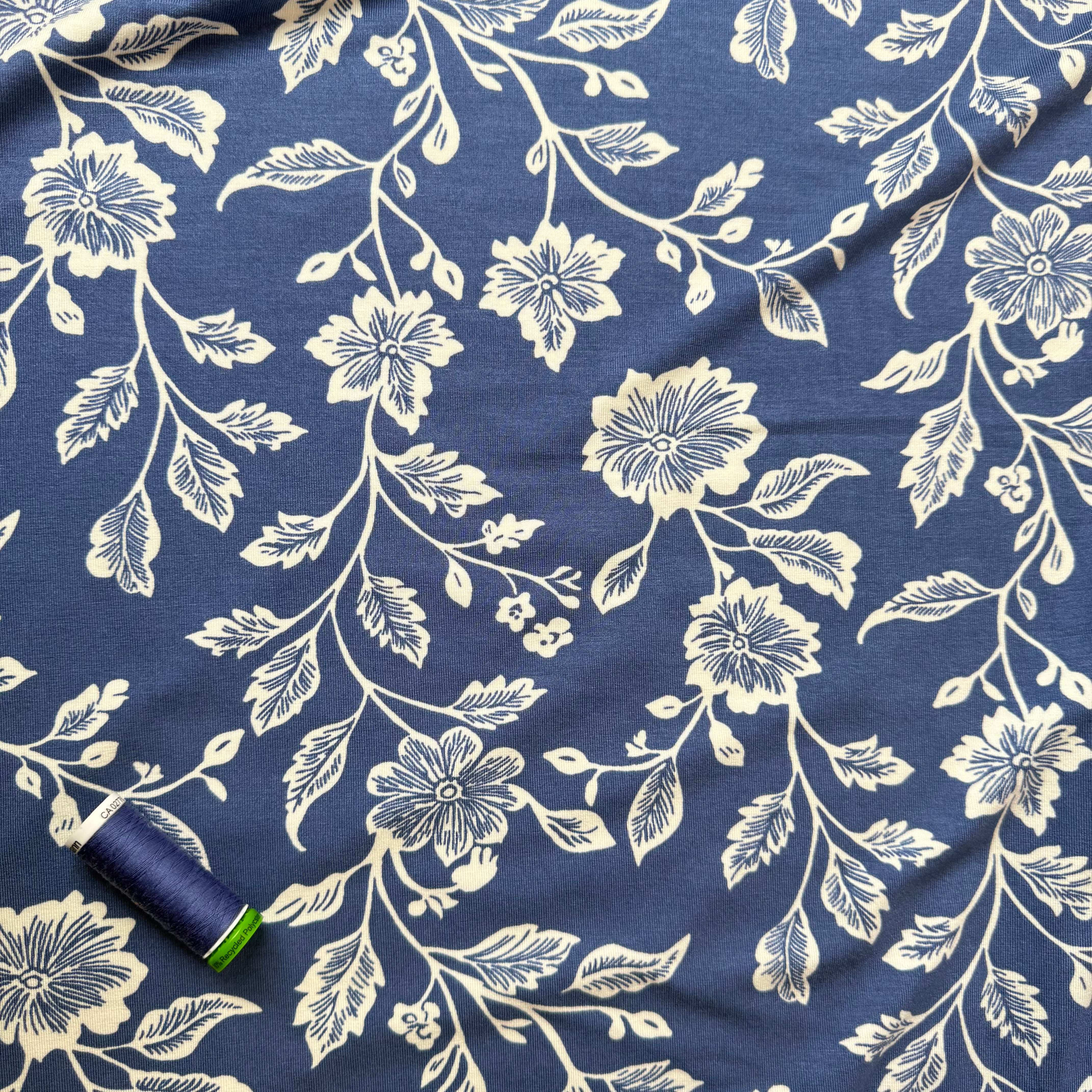 Flowers on Coastal Blue Viscose Jersey Fabric