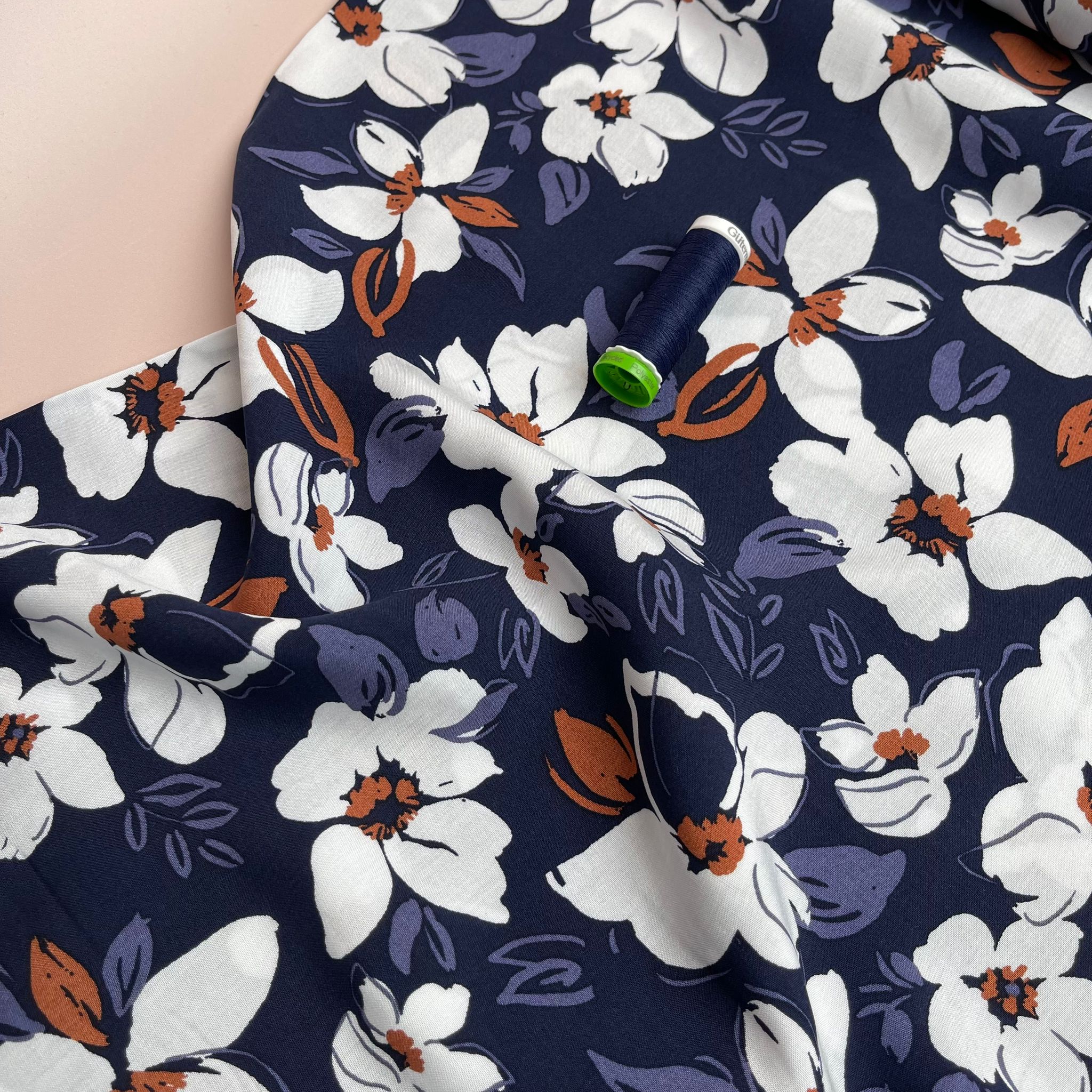 REMNANT 0.5 Metre - White Flowers on Navy Viscose Fabric