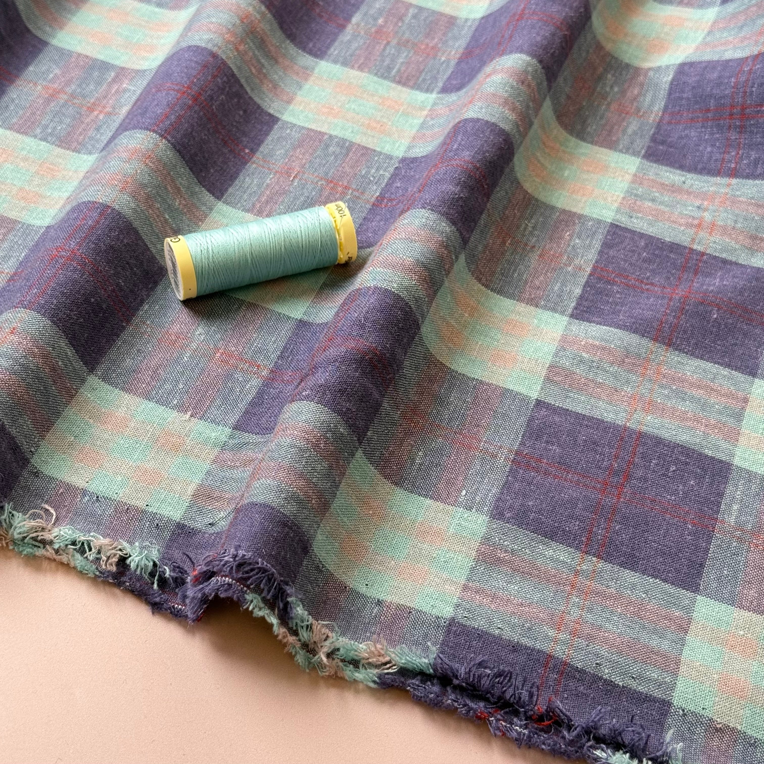 Yarn Dyed Mint and Purple Checks Linen Viscose Fabric