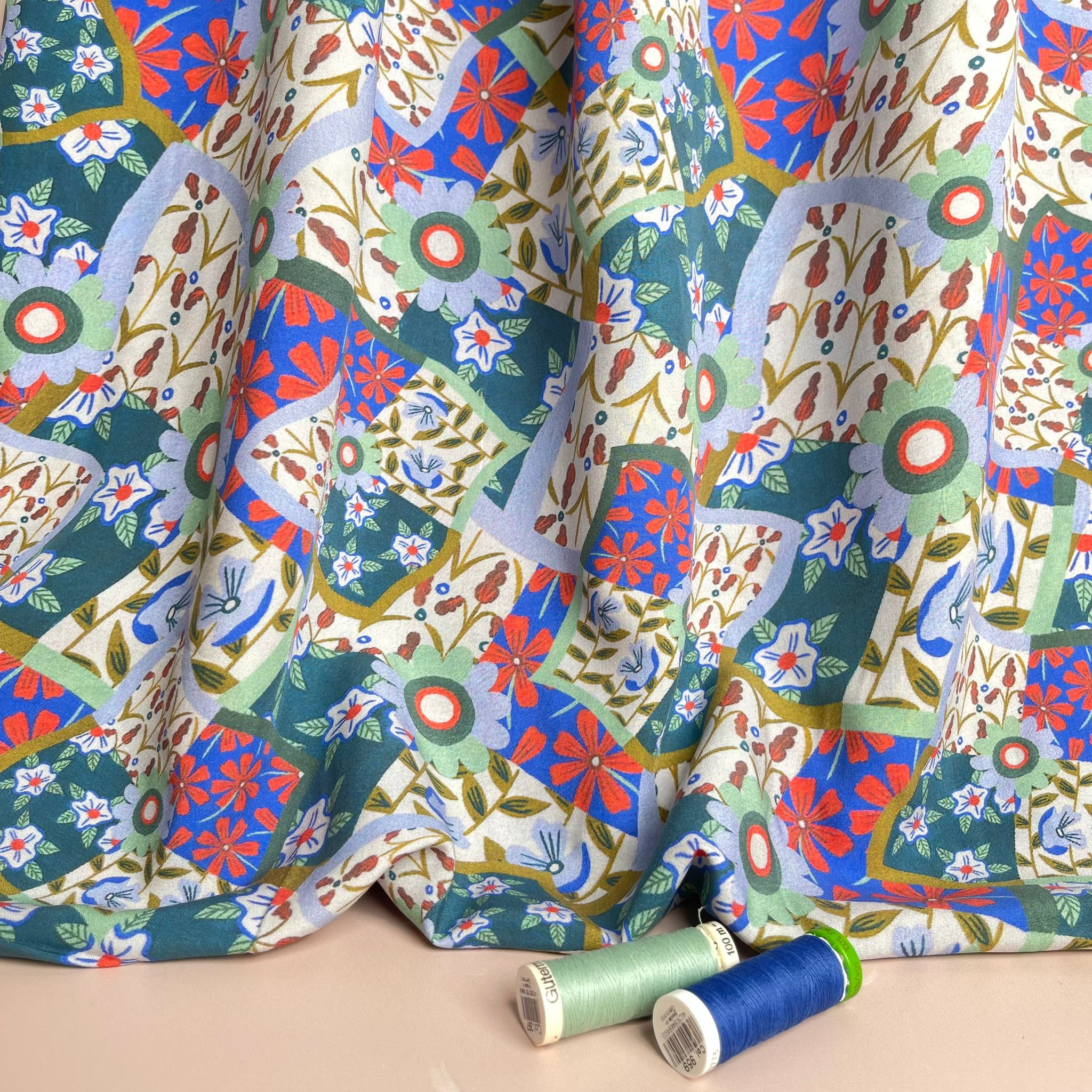 Floral Patchwork Print in Blue and Red Viscose Fabric