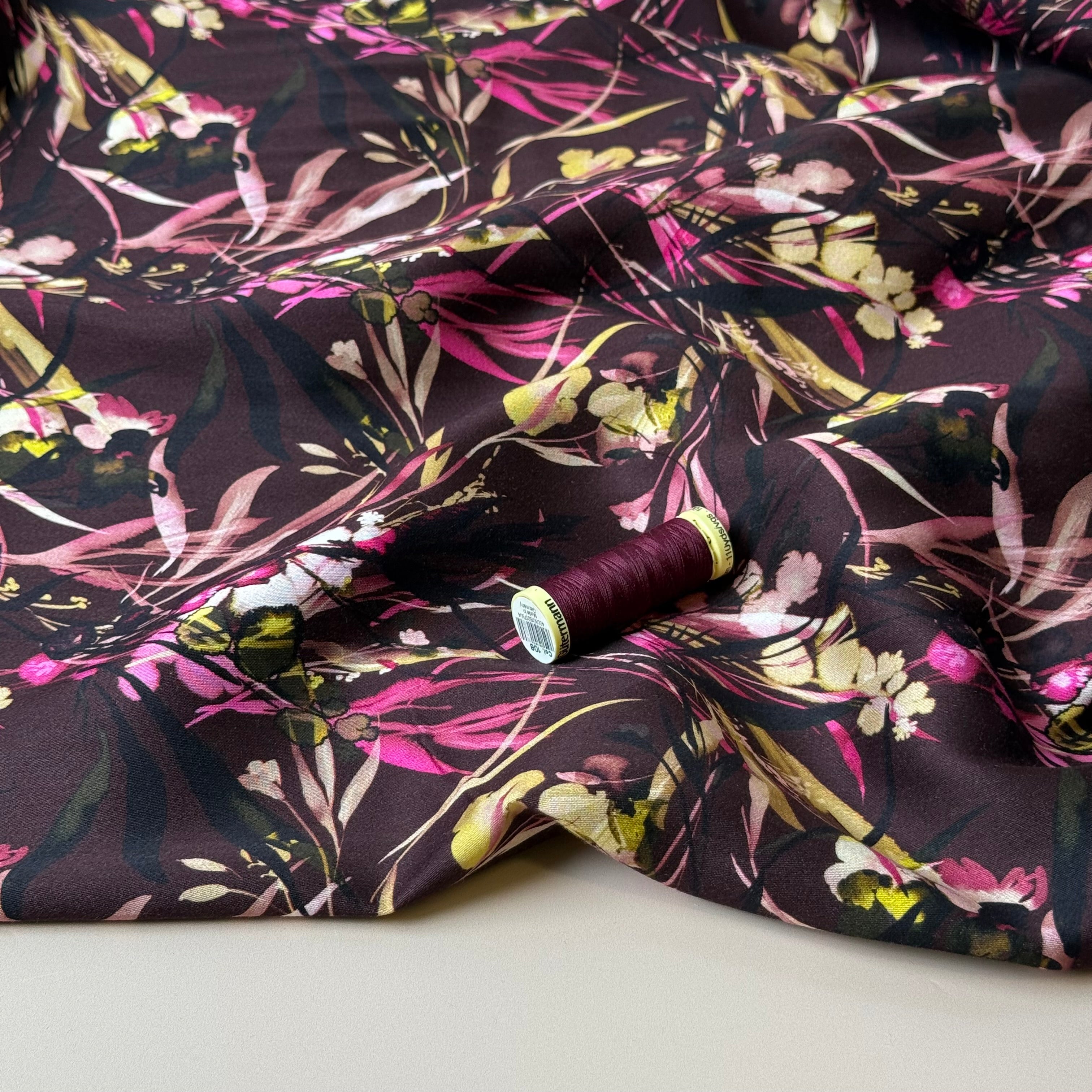 Autumn Foliage Aubergine Viscose Sateen Fabric