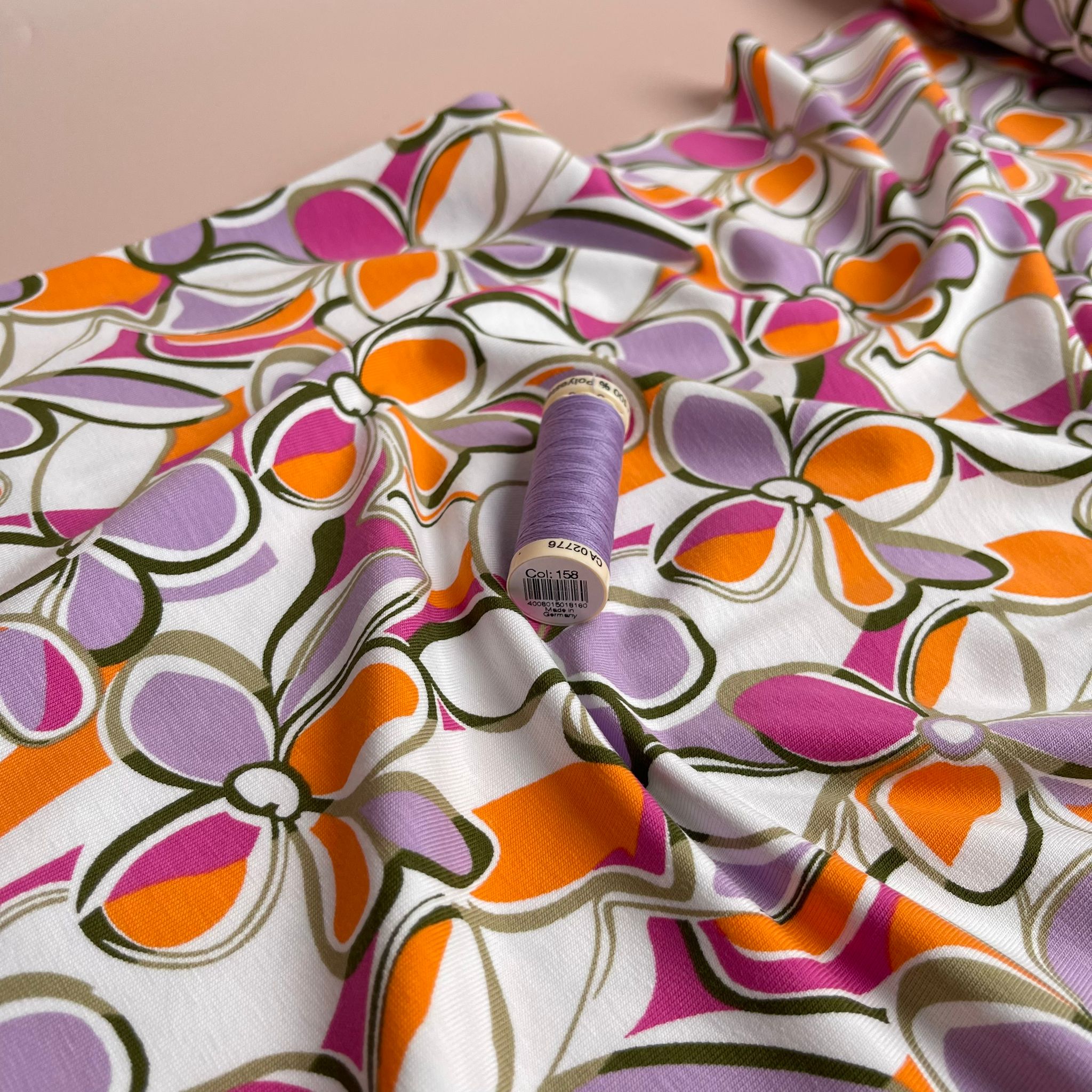 REMNANT 0.88 Metre - Petals in Lilac and Orange Cotton Jersey Fabric