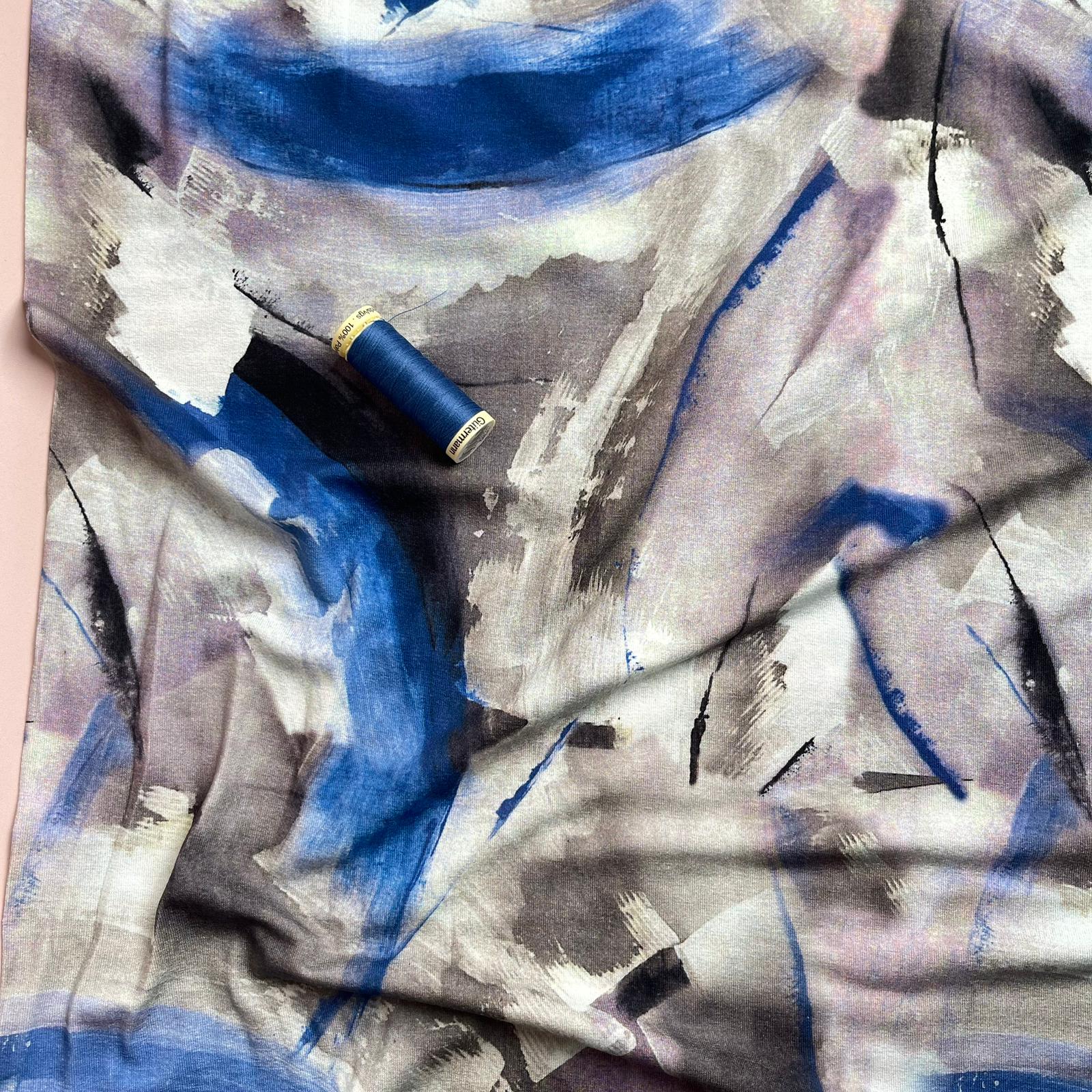 REMNANT 2.57 Metres - Abstract Painting in Cobalt and Grey Viscose Jersey Fabric