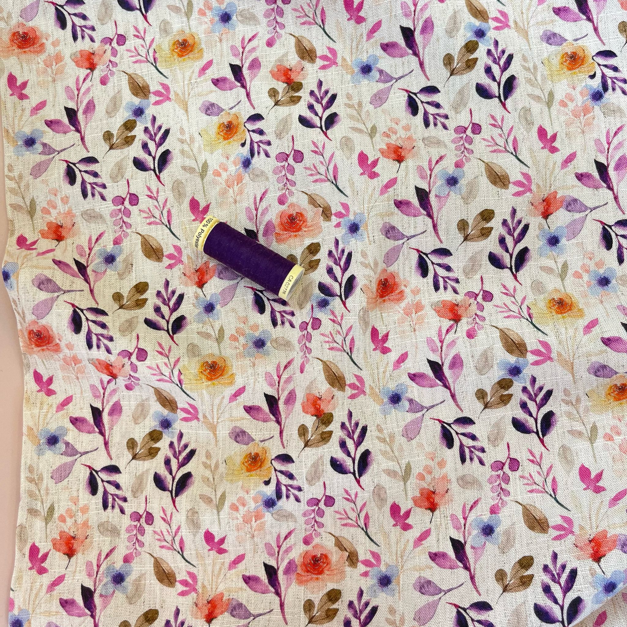 Purple Foliage on Ecru Viscose Linen Fabric