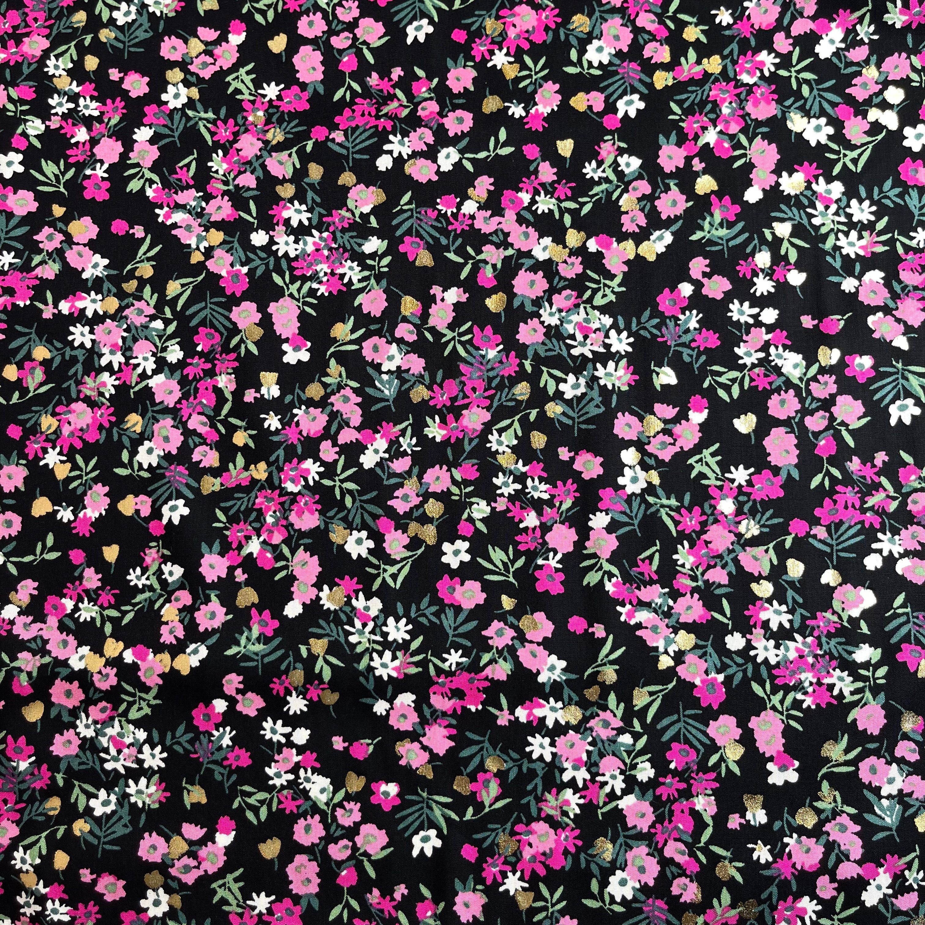 REMNANT 1.52 Metres - Sparkle Flowers on Black Viscose Fabric