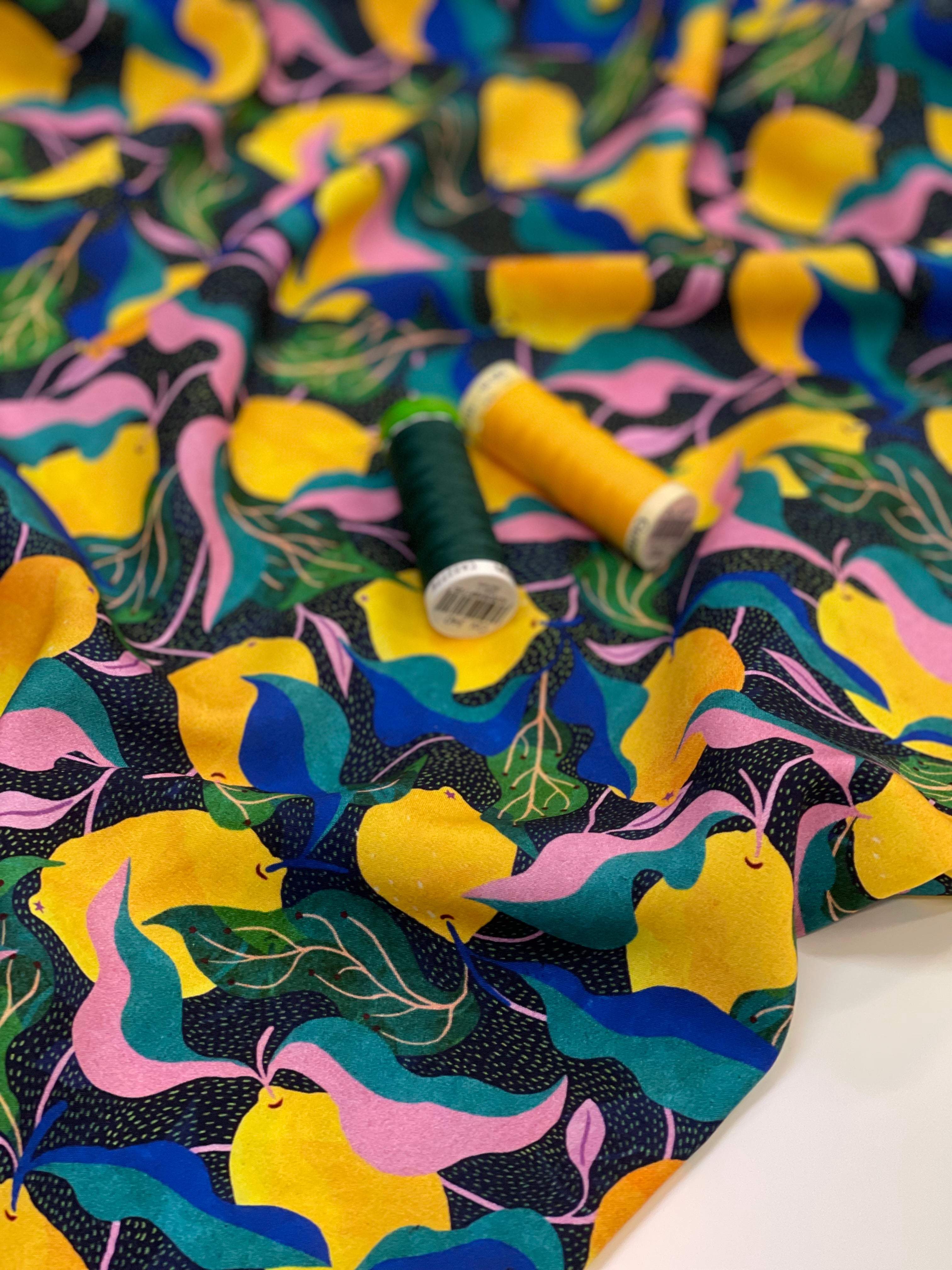 Adventure - Mediterranean Lemons Viscose in Dark Navy & Green