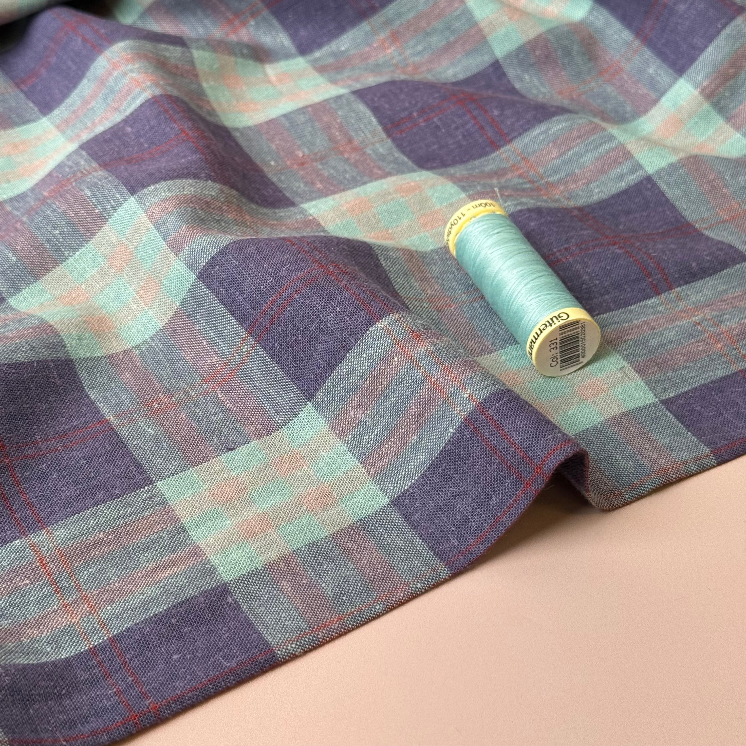 Yarn Dyed Mint and Purple Checks Linen Viscose Fabric