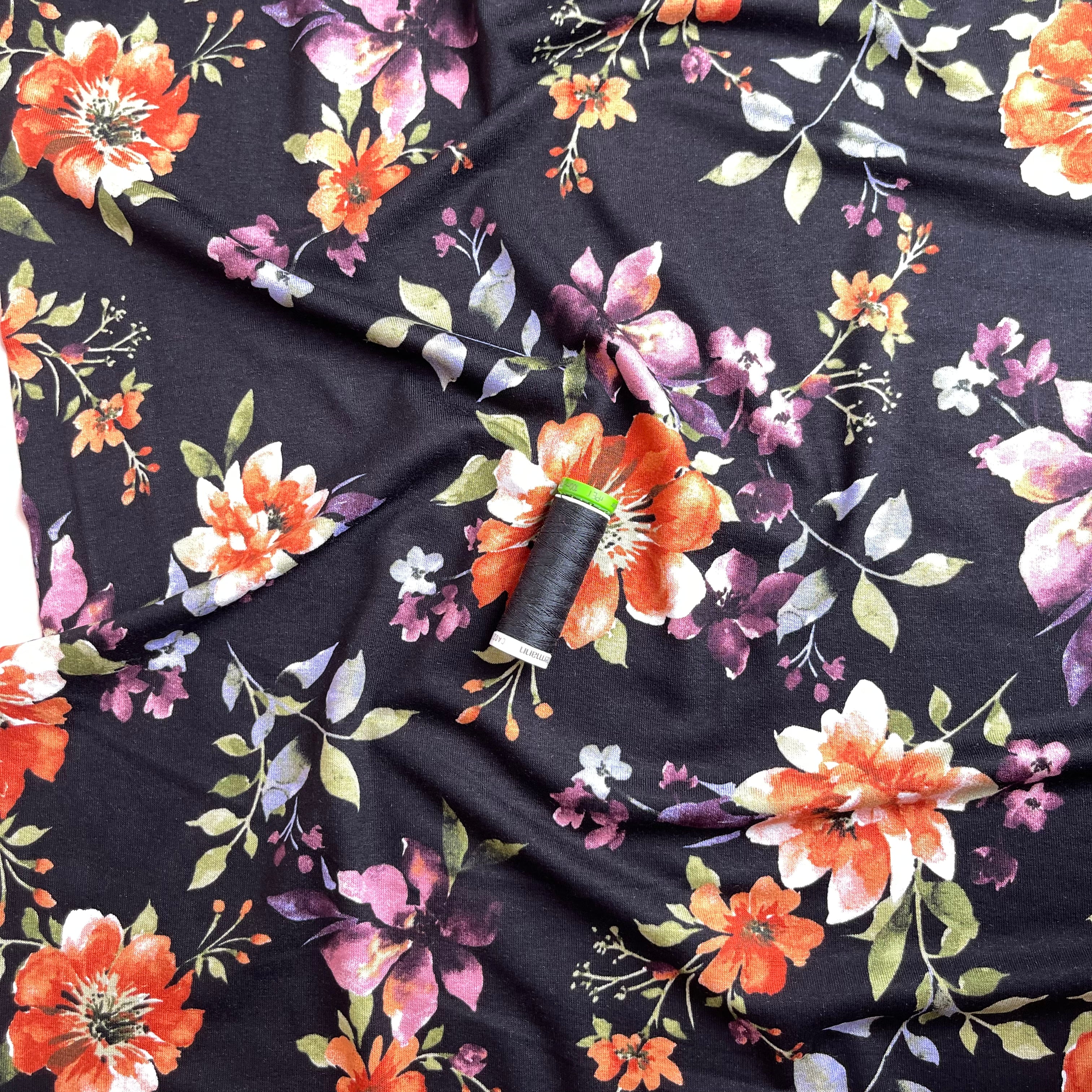 REMNANT 1.16 Metres - Watercolour Bouquet on Black Viscose Jersey Fabric